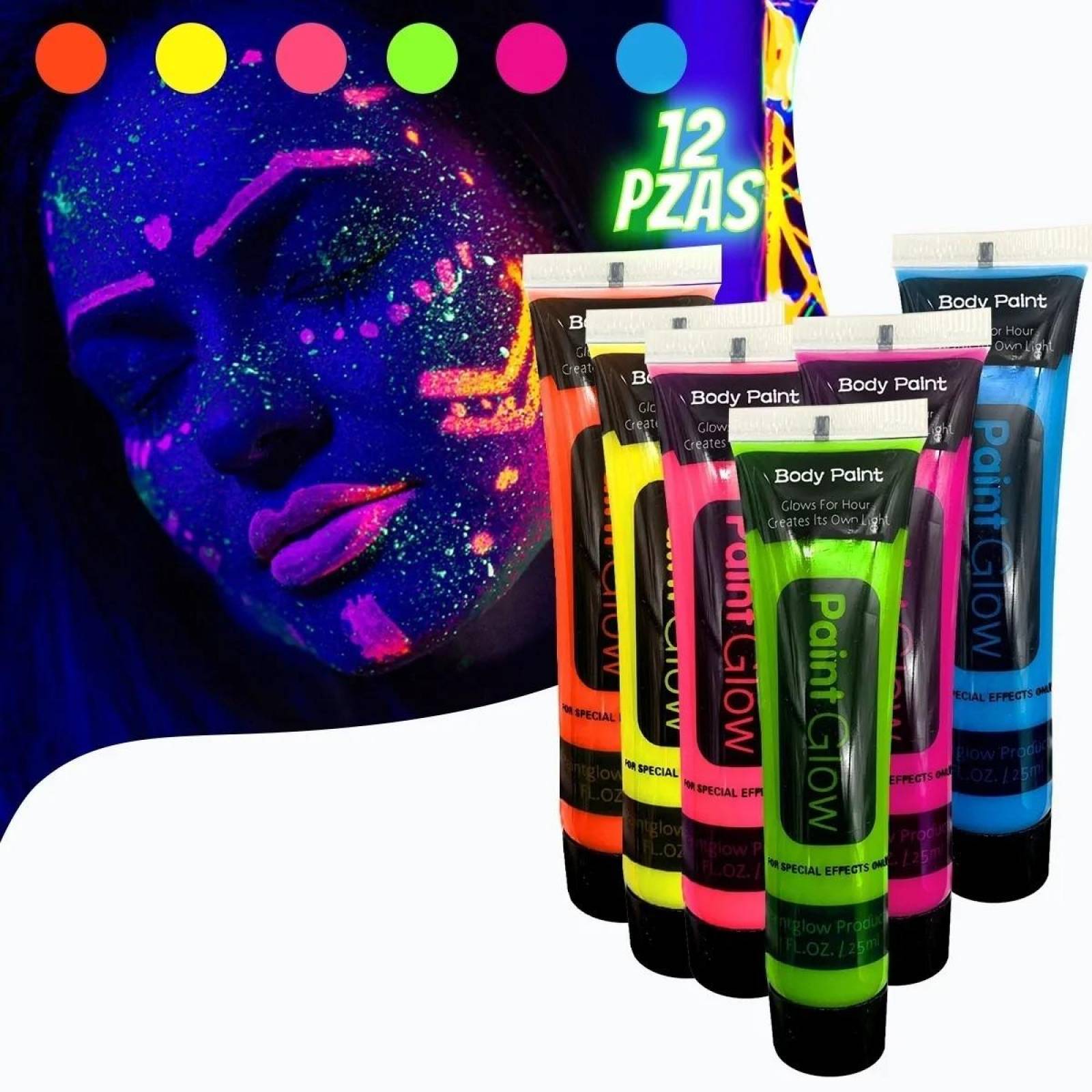 12 Tubos Pintura Luminosa Neon Cara Manos Batucada 