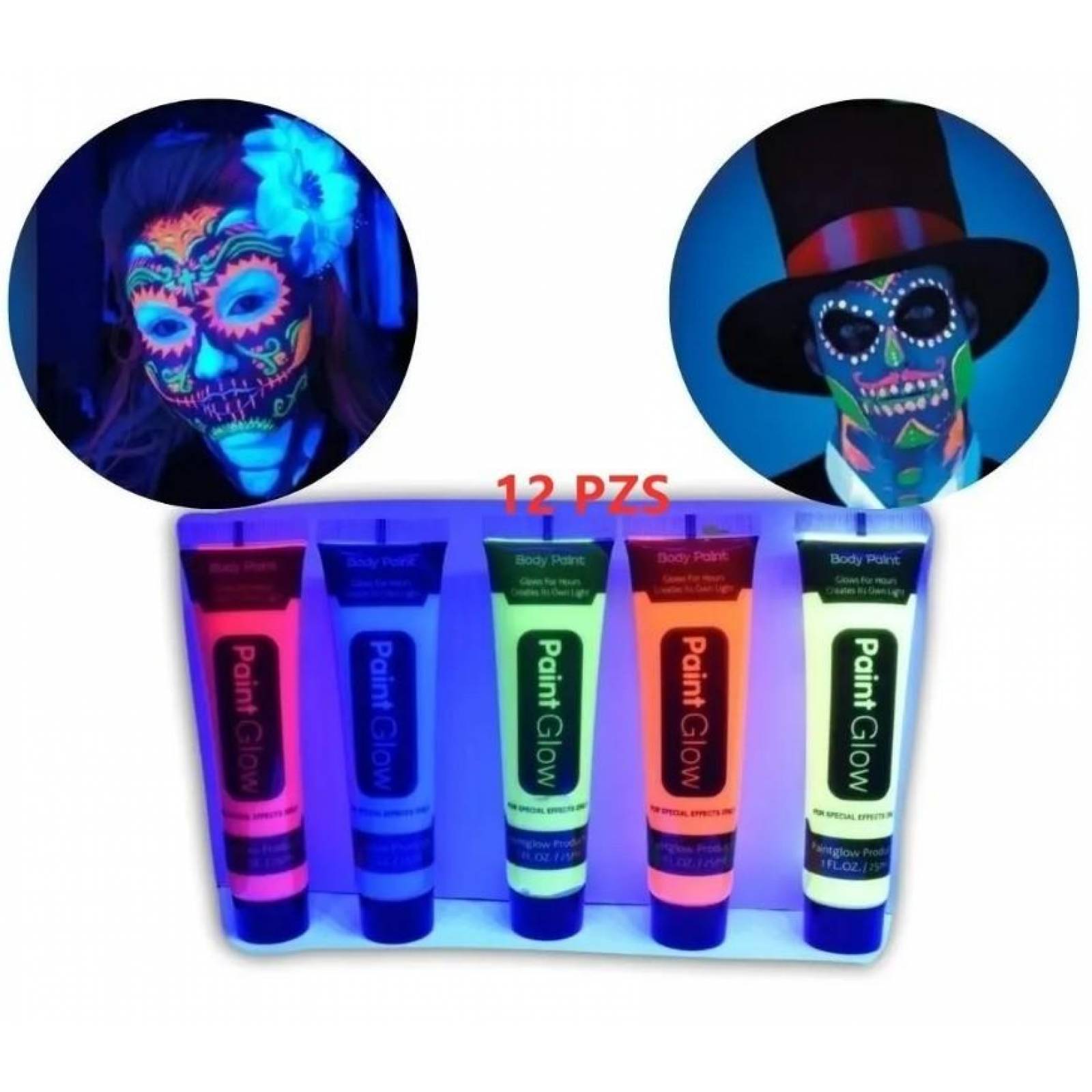12 Tubos Pintura Luminosa Neon Cara Manos Batucada 