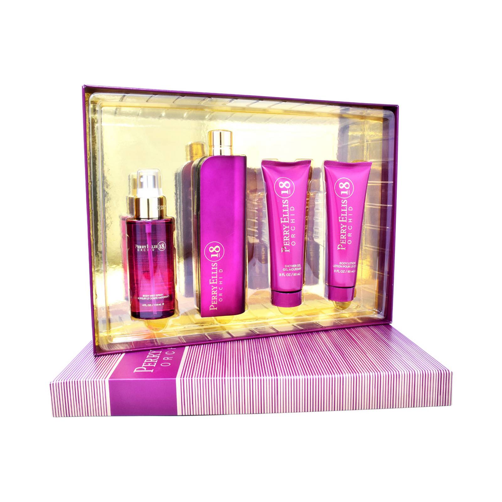 Set Perry Ellis 18 Orchid 4Pzs 100 ml Edp Spray + Body Lotion 90 ml + Shower Gel 90 ml + Body Mist 118 ml Spray De Perry Ellis