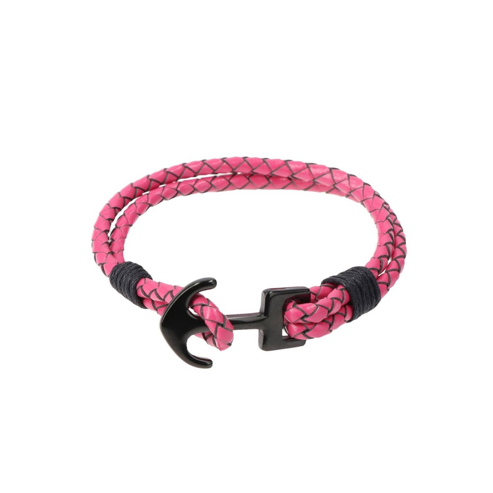 Pulsera Tejida Doble De Piel Rosa Con Refuerzos De Hilo Negro Y  Broche De Ojal Y Ancla Negra