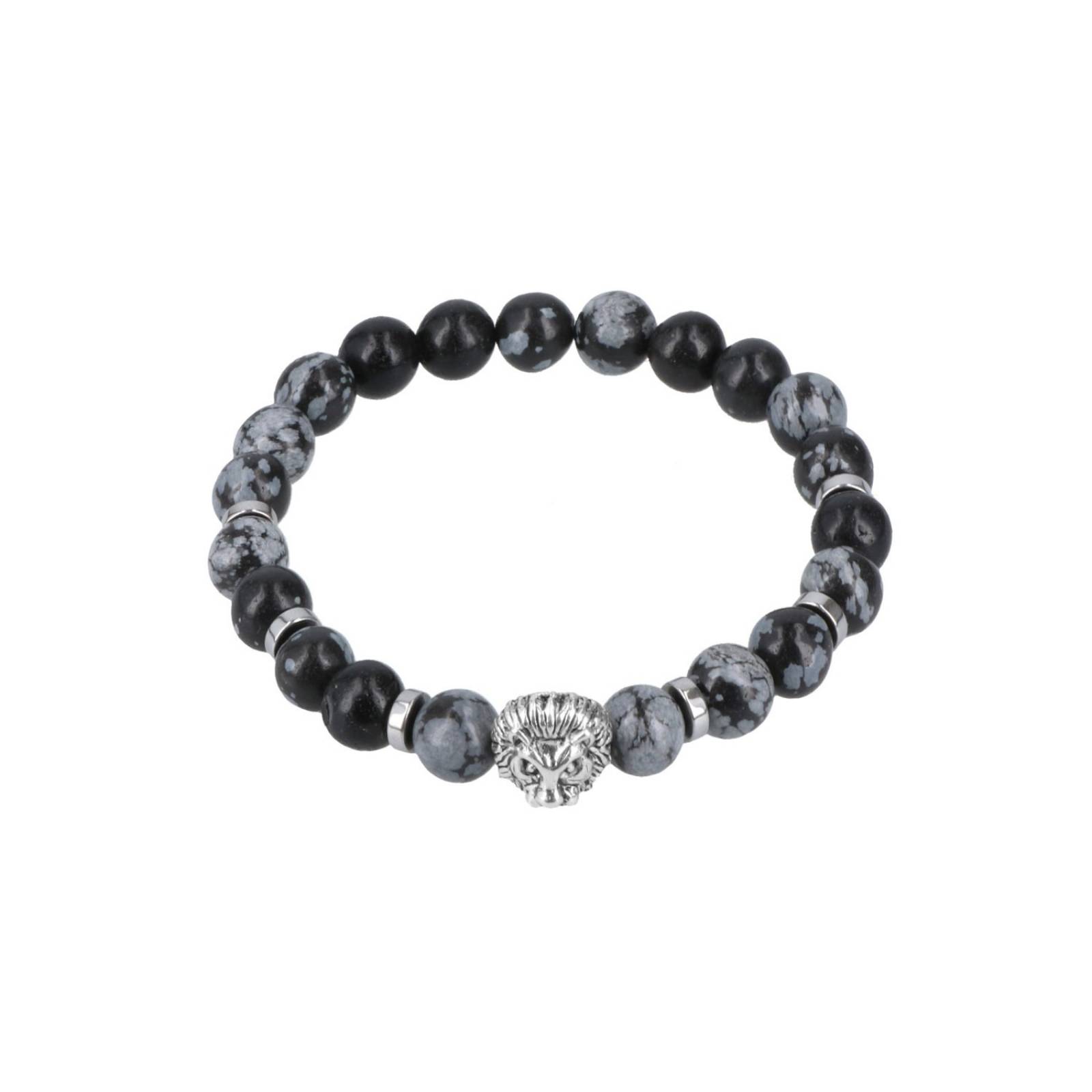 Pulsera Con Piedras Negro Y Gris, Dije De León