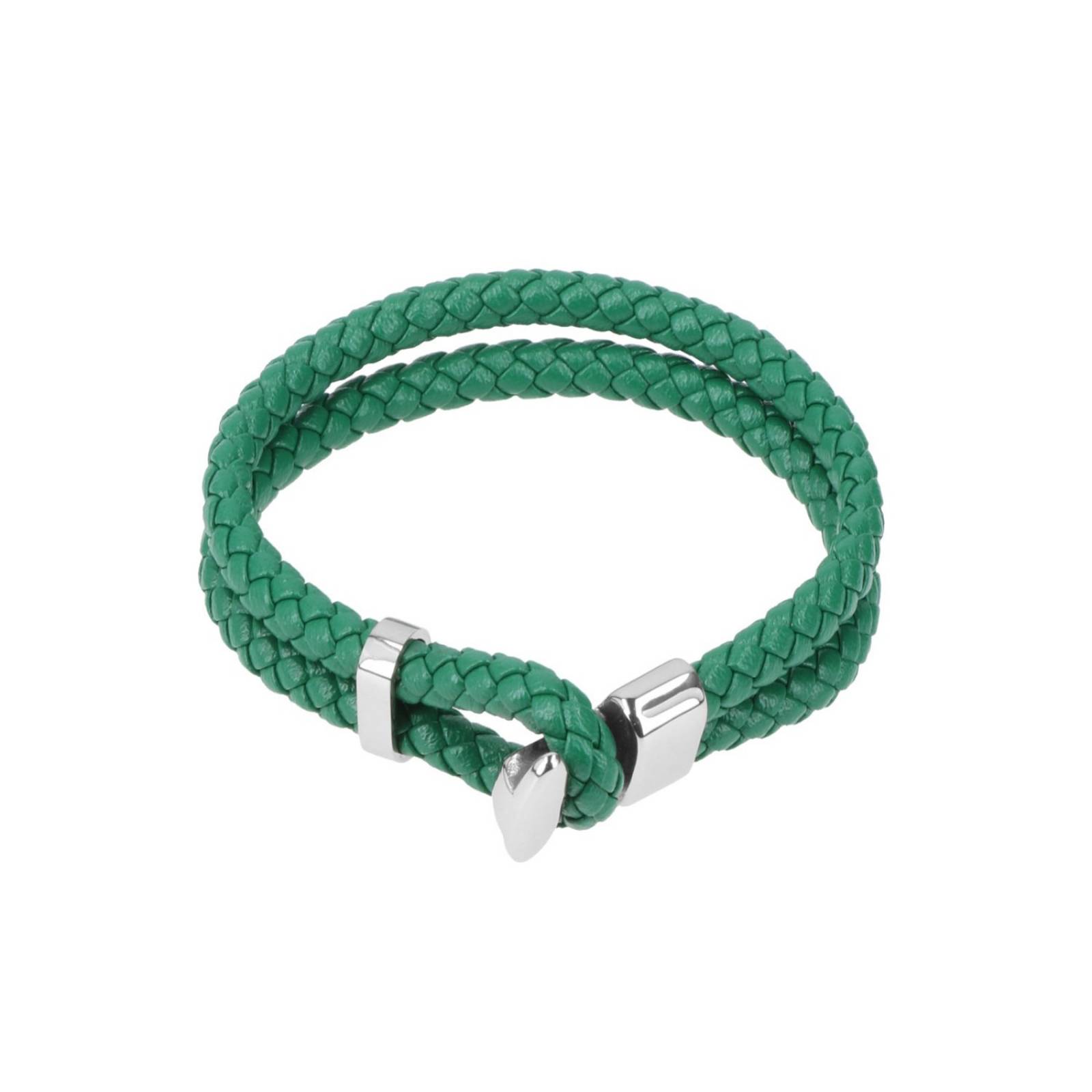 Pulsera Tejida Doble De Piel Verde Con Refuerzo Plata Y  Broche De Ojal Y T