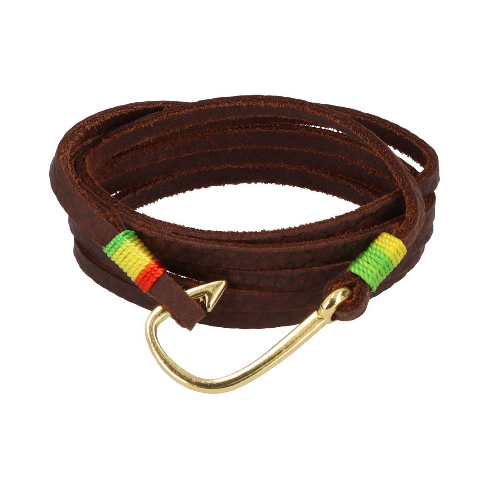 Pulsera Larga De Cuero Café Con Refuerzos De Hilo Rojo, Amarillo Y Verde Con Broche De Ojal Y Ancla