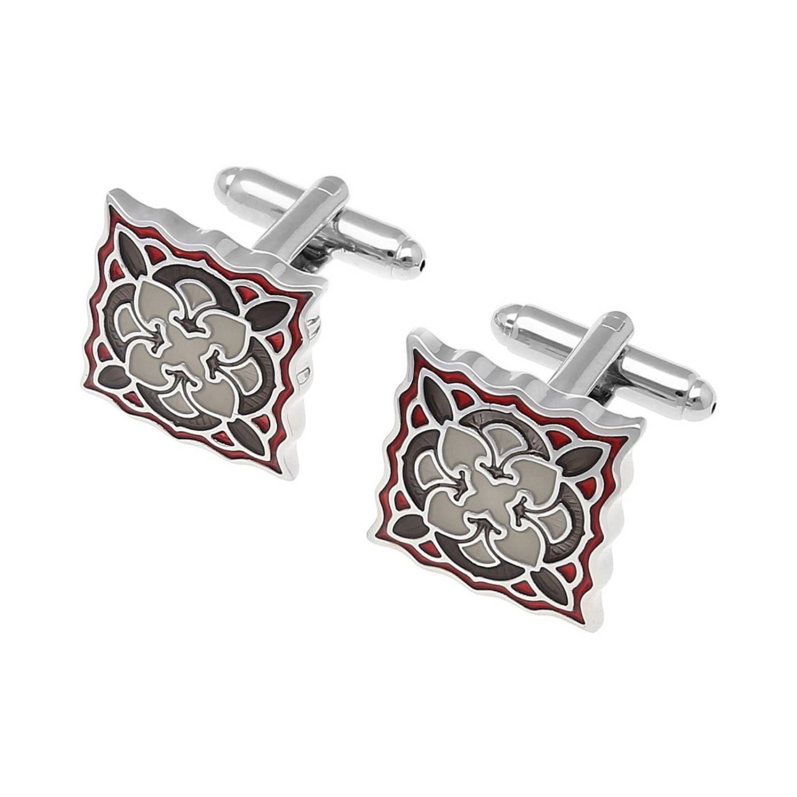 Mancuernillas cuadradas con relieve de diseño floral y grecas rojo con gris