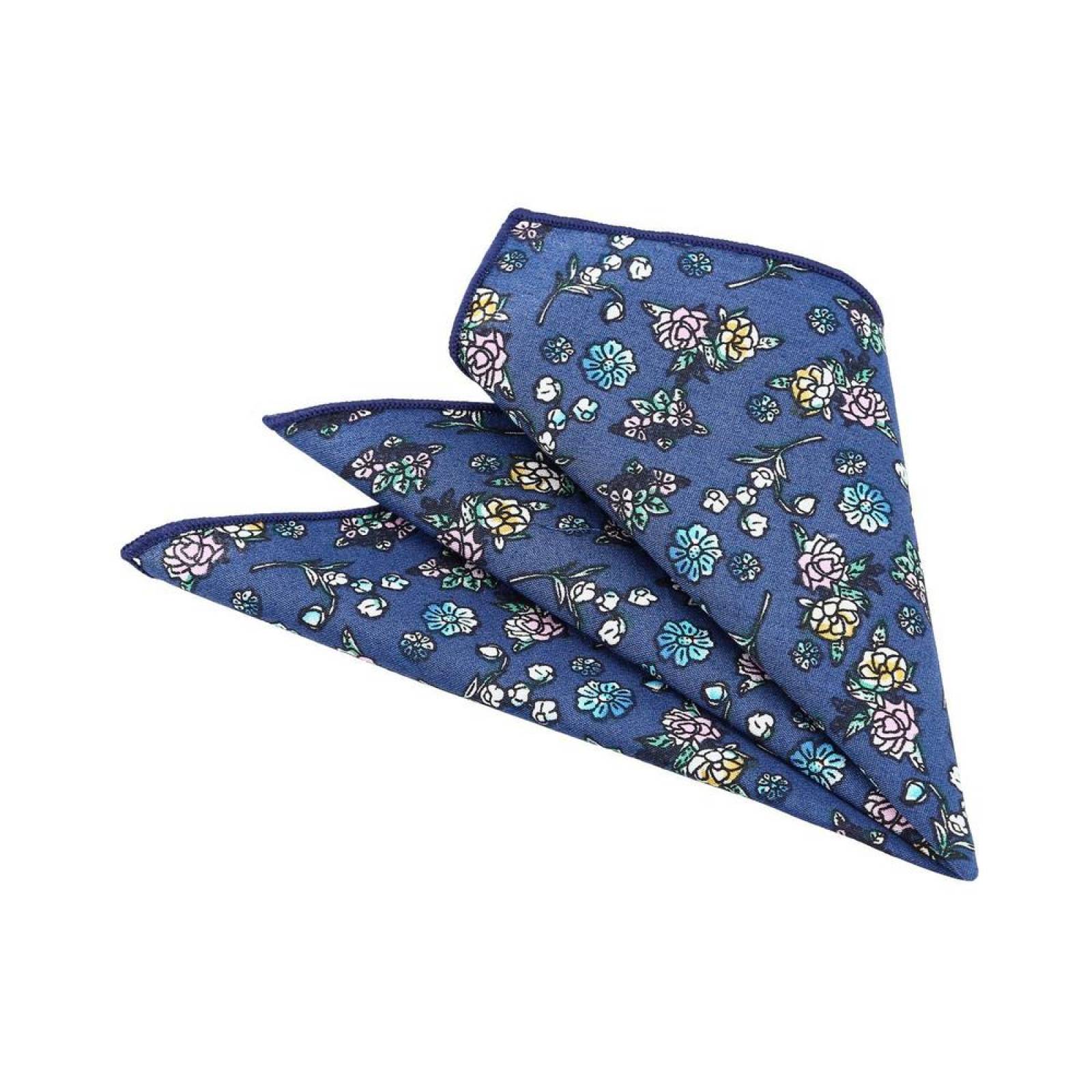 Pañuelo Royal Flush azul marino con flores rosas azules y amarillas ribete azul marino poliéster