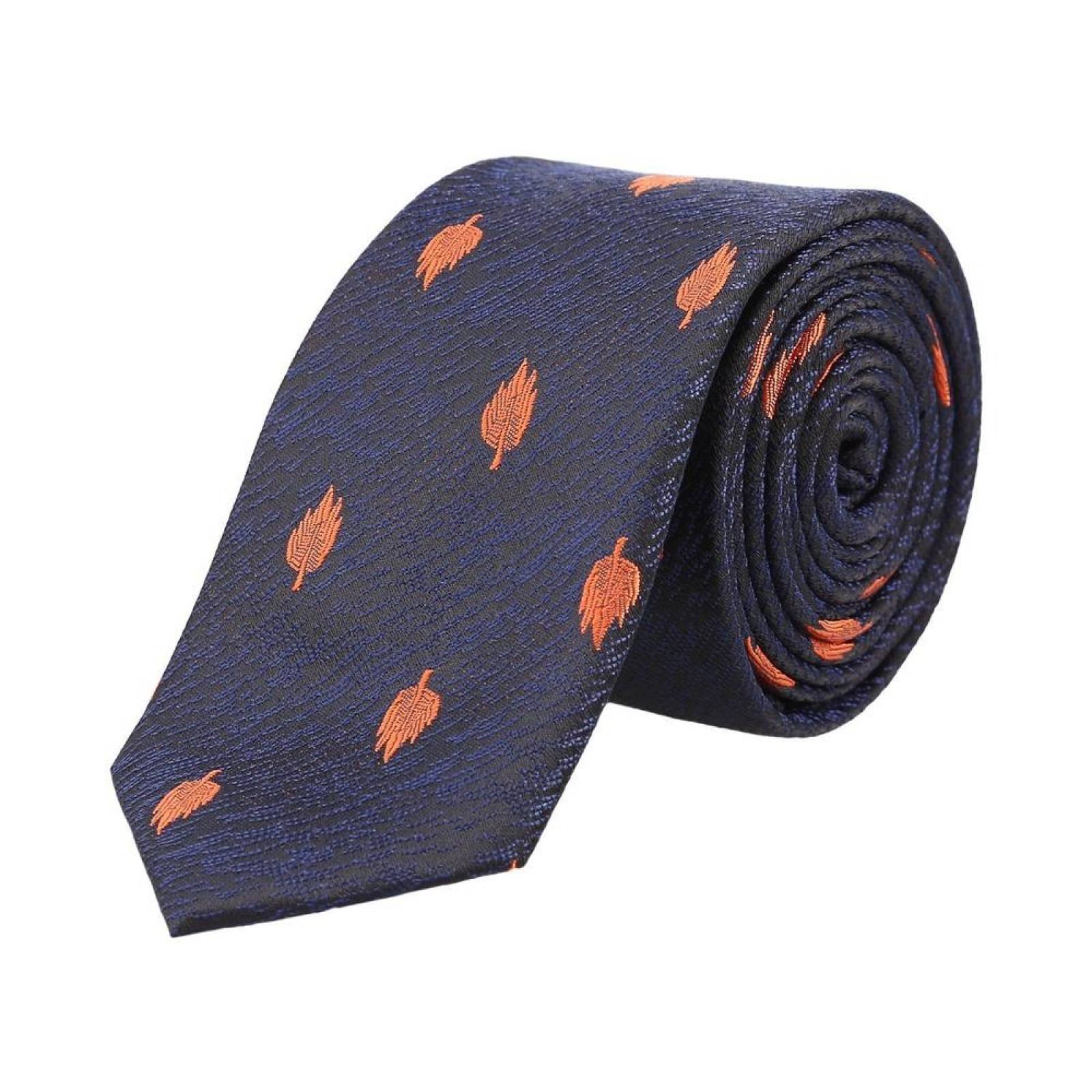 Corbata Royal Flush negra con jaspeado azul y hojas naranjas poliéster 