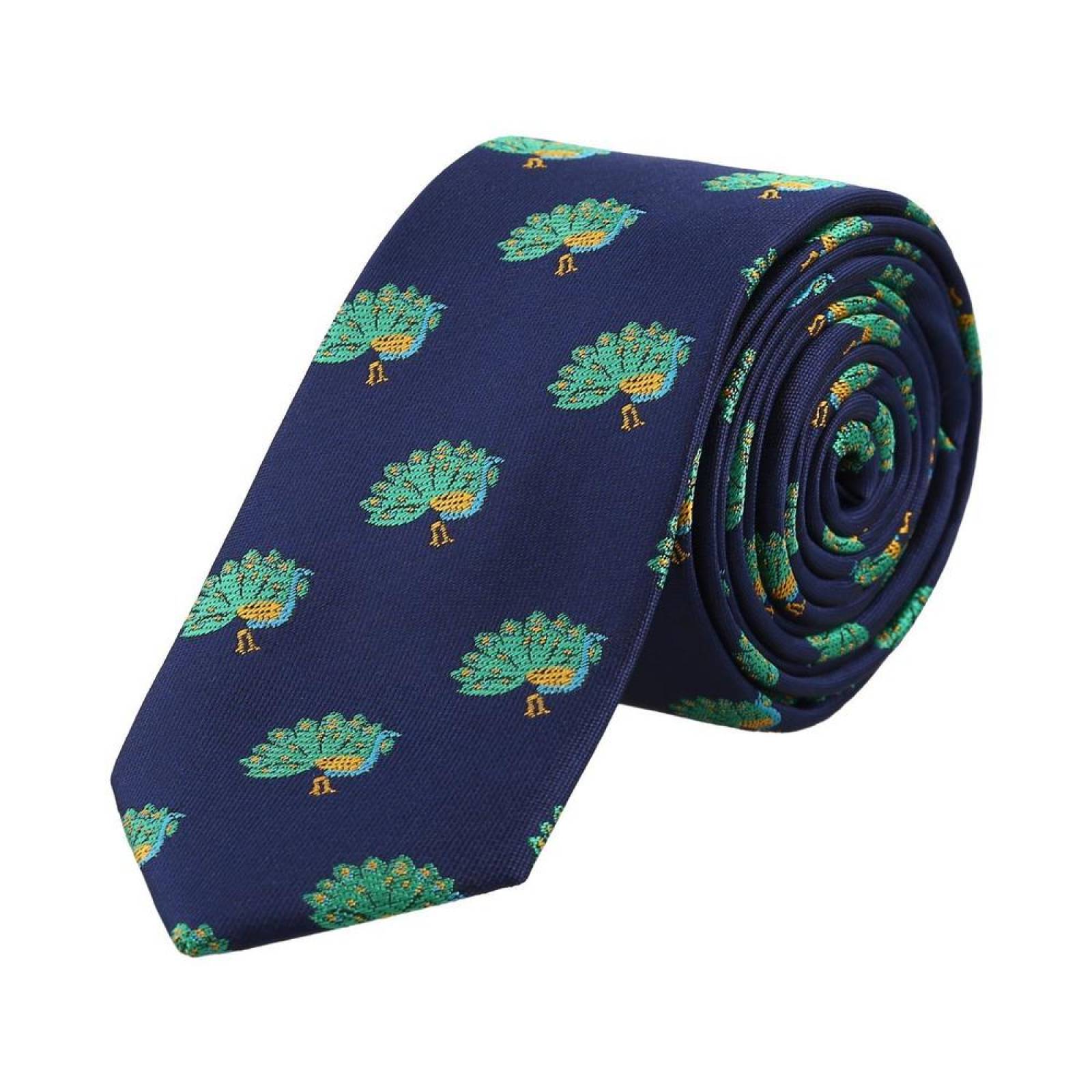 Corbata Royal Flush azul marino con pavo reales verdes poliéster 
