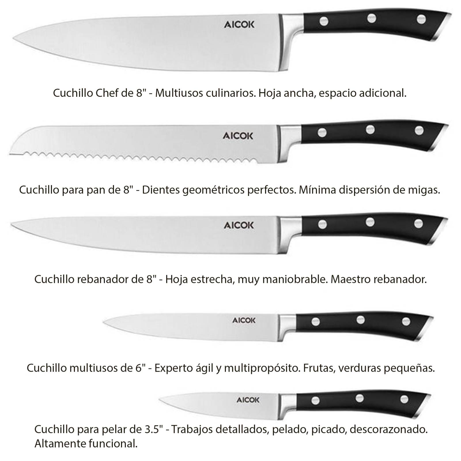 Juego de cuchillos Aicok 6 Pzas de Acero Inox con Bloque