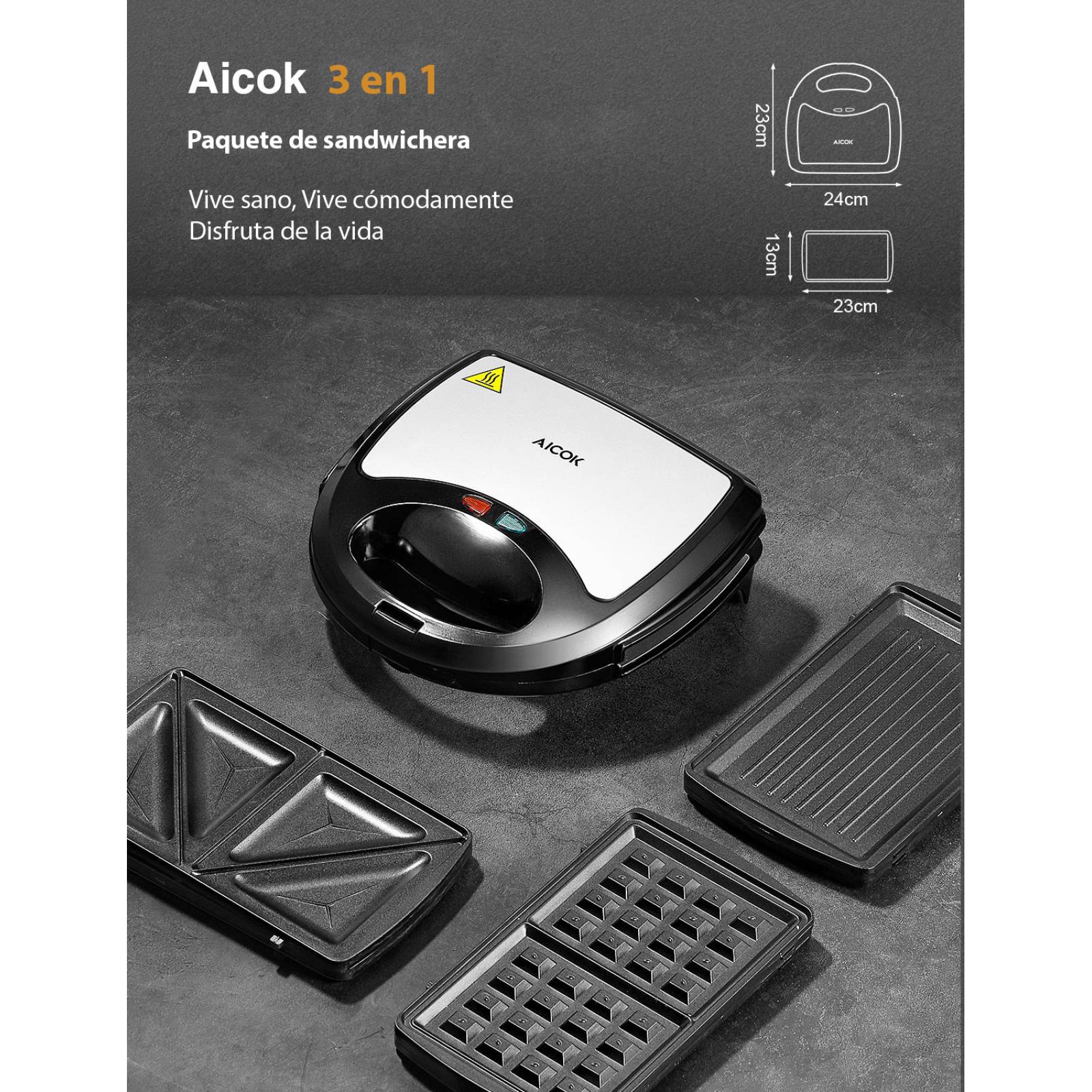 Sandwichera Aicok 3 en 1 con Placas Intercambiables