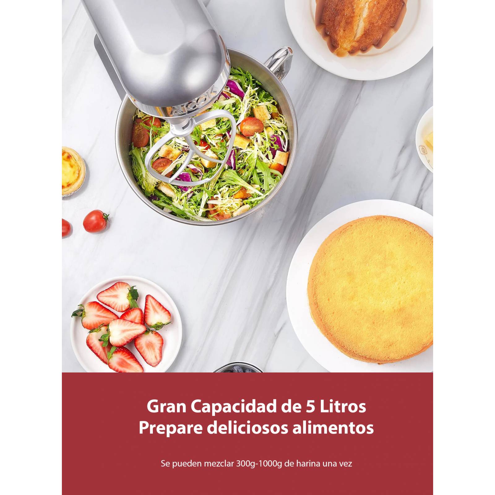 Batidora de Pedestal Aicok Doble gancho 5 L 6 Vel Plata