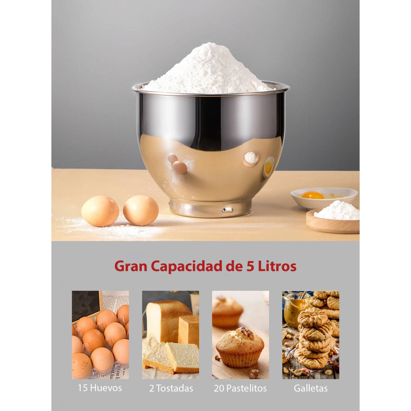 Batidora de Pedestal Aicok Doble gancho 5 L 6 Vel Plata