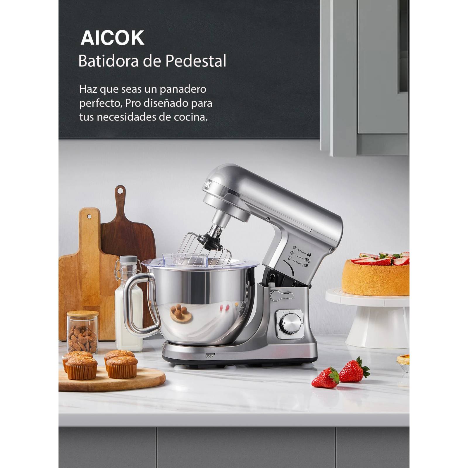 Batidora de Pedestal Aicok Doble gancho 5 L 6 Vel Plata