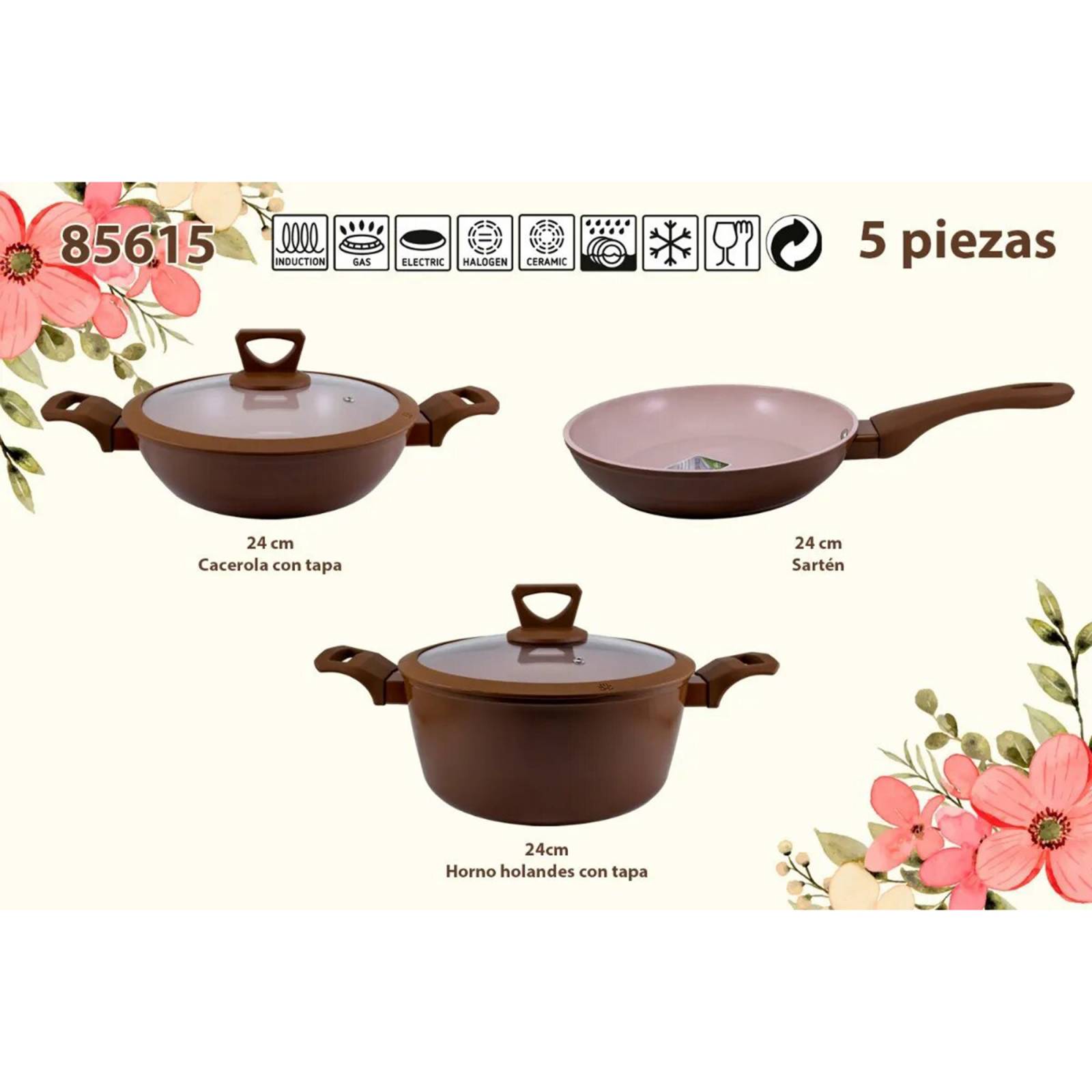 Batería 5 pzas Ceramica Café Wok Cacerola y Sartén