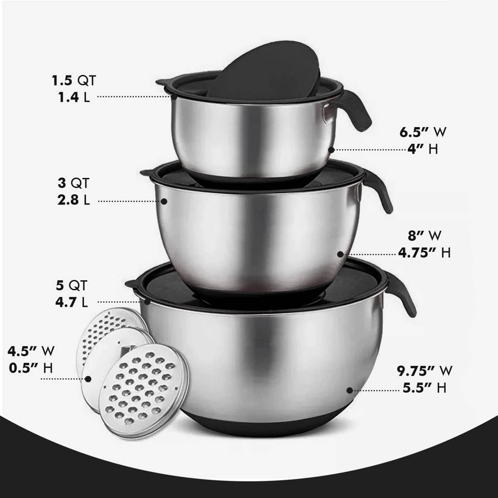 Juego de 3 Tazones de Acero Inox con Tapa y Rayadores