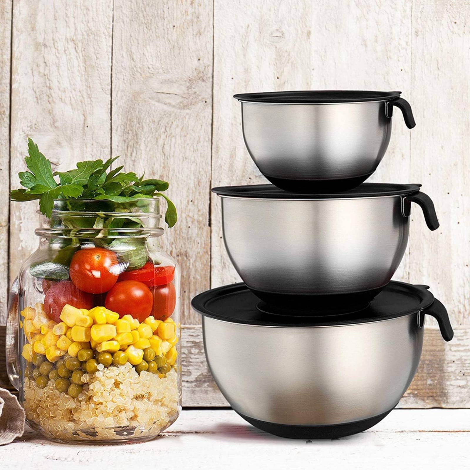 Juego de 3 Tazones de Acero Inox con Tapa y Rayadores