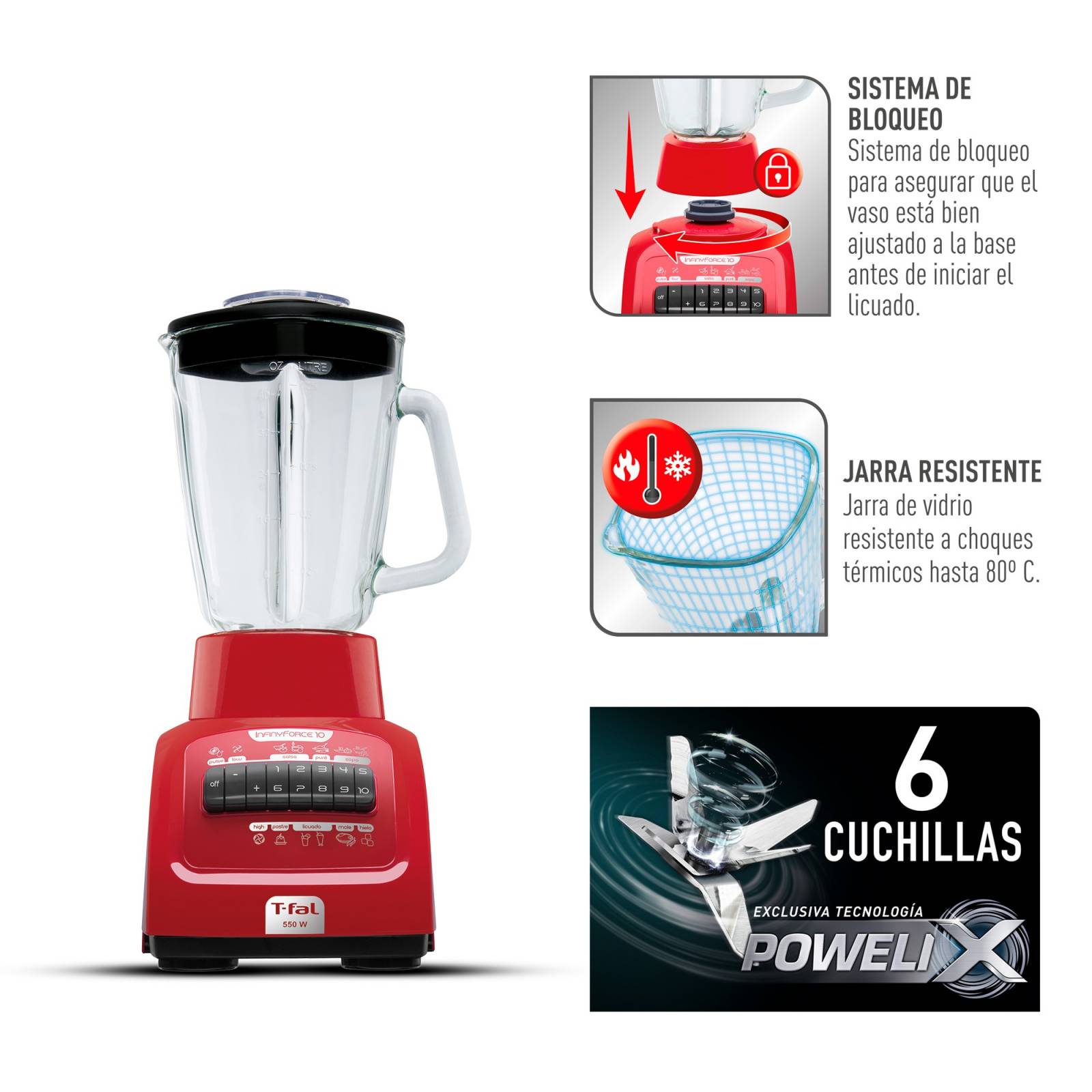 Licuadora T fal INFINYFORCE XL 550W Vaso Vidro Color Rojo