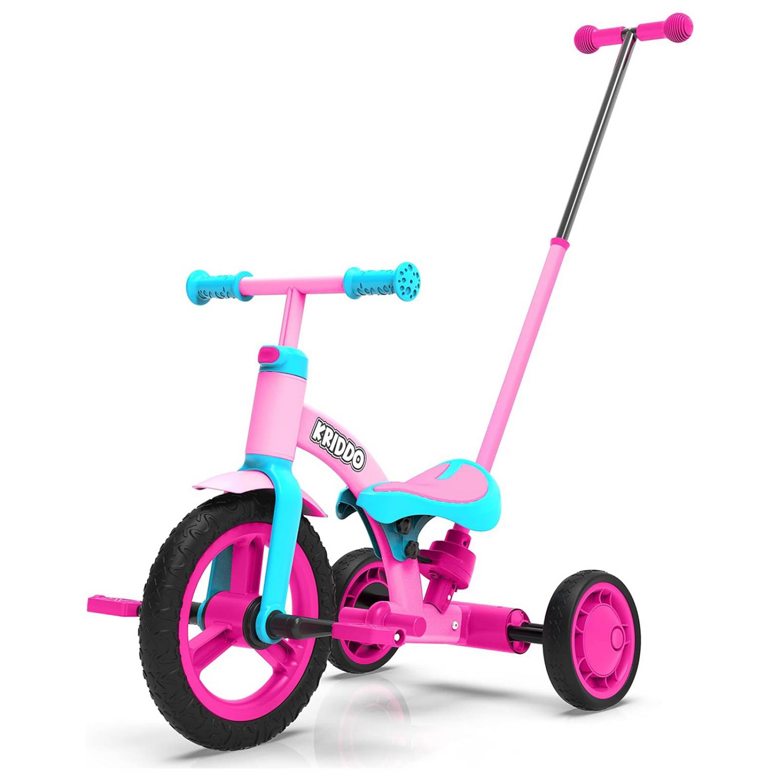 Triciclo 3 en 1 para niños con mango de empuje color rosa.