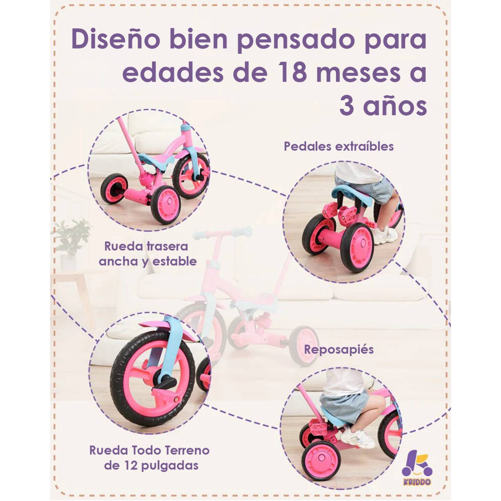 Triciclo 3 en 1 para niños con mango de empuje color rosa.