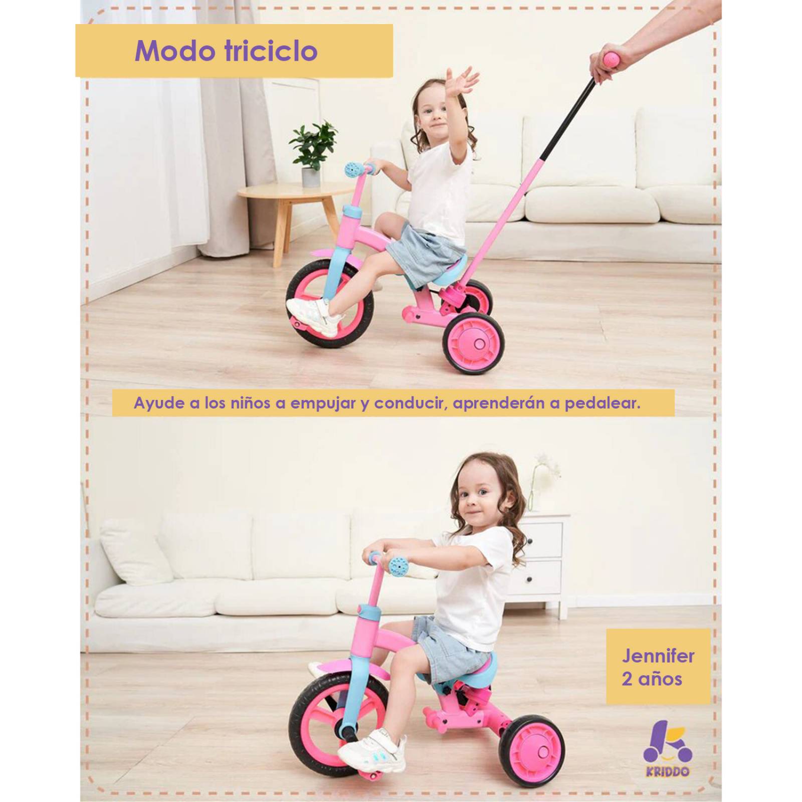 Triciclo 3 en 1 para niños con mango de empuje color rosa.