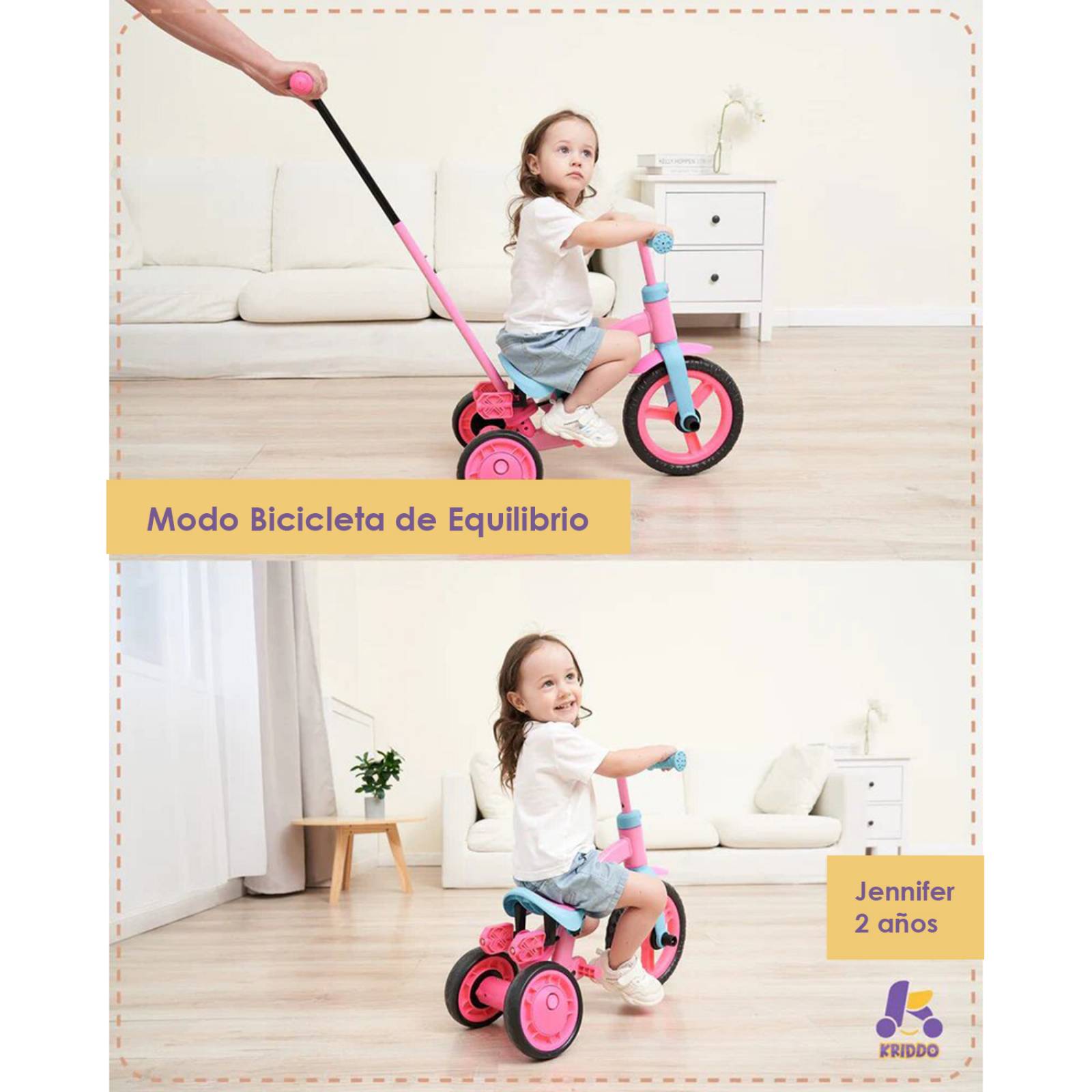 Triciclo 3 en 1 para niños con mango de empuje color rosa.