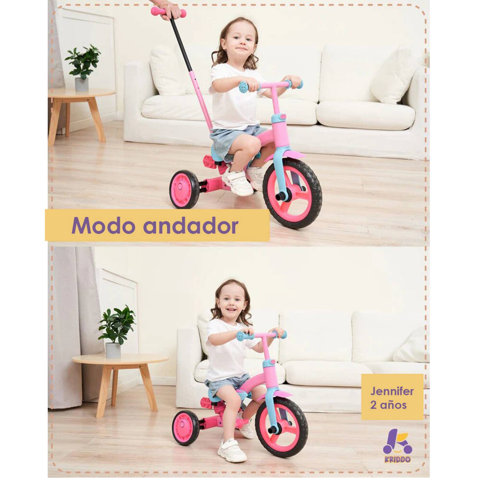 Triciclo 3 en 1 para niños con mango de empuje color rosa.