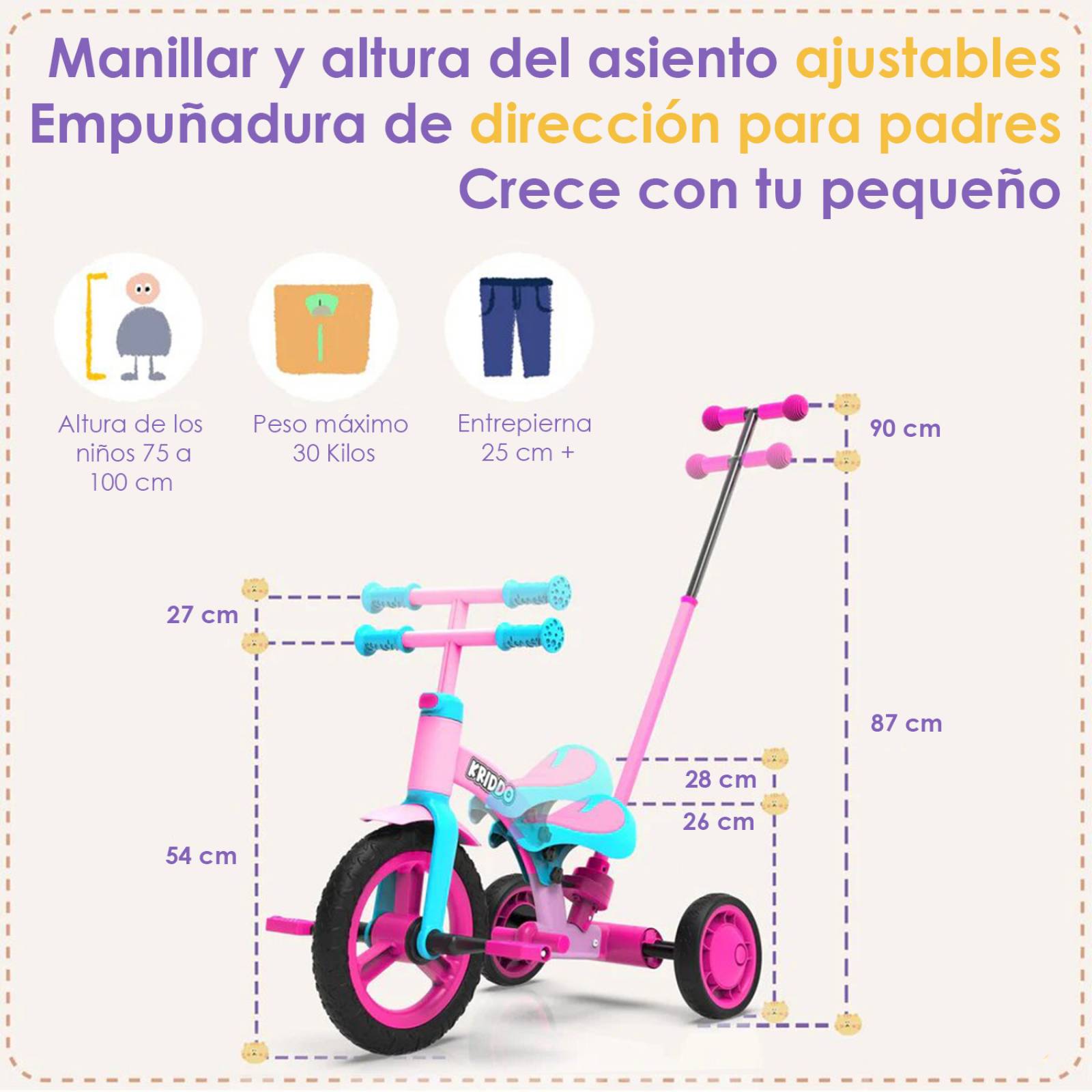 Triciclo 3 en 1 para niños con mango de empuje color rosa.