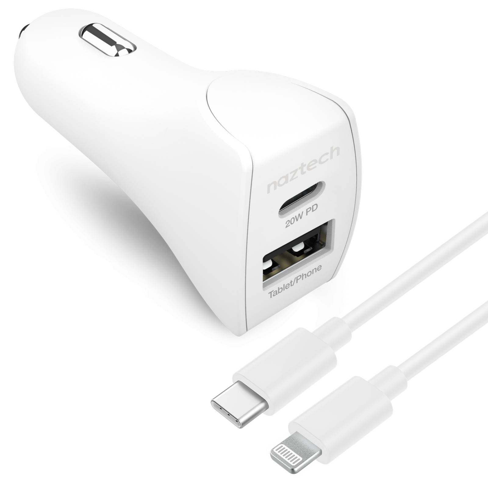 Cargador de Coche Rápido con USB-C a Cable Lightning 20W USB-C PD + 12W USB - Blanco 