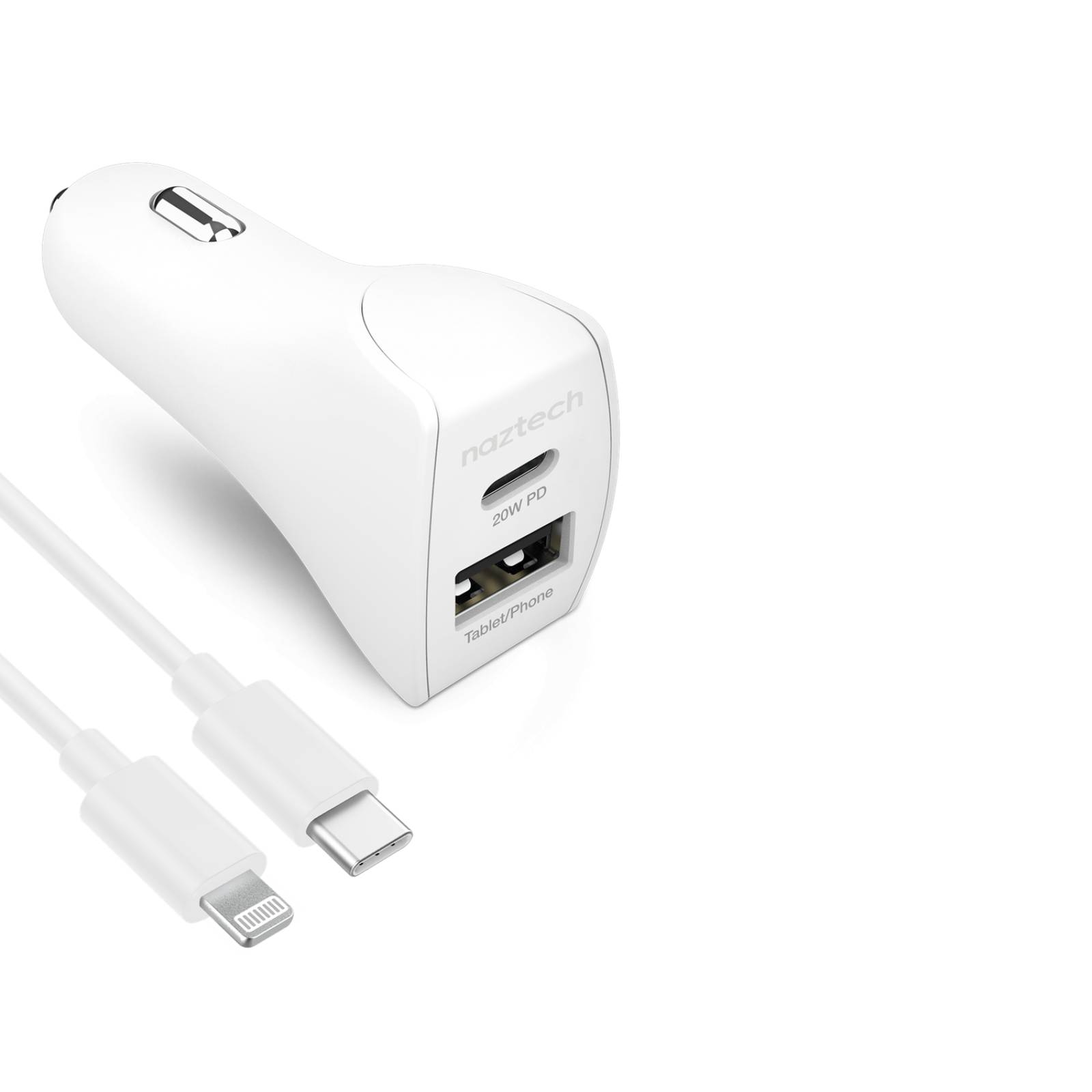 Cargador de Coche Rápido con USB-C a Cable Lightning 20W USB-C PD + 12W USB - Blanco 