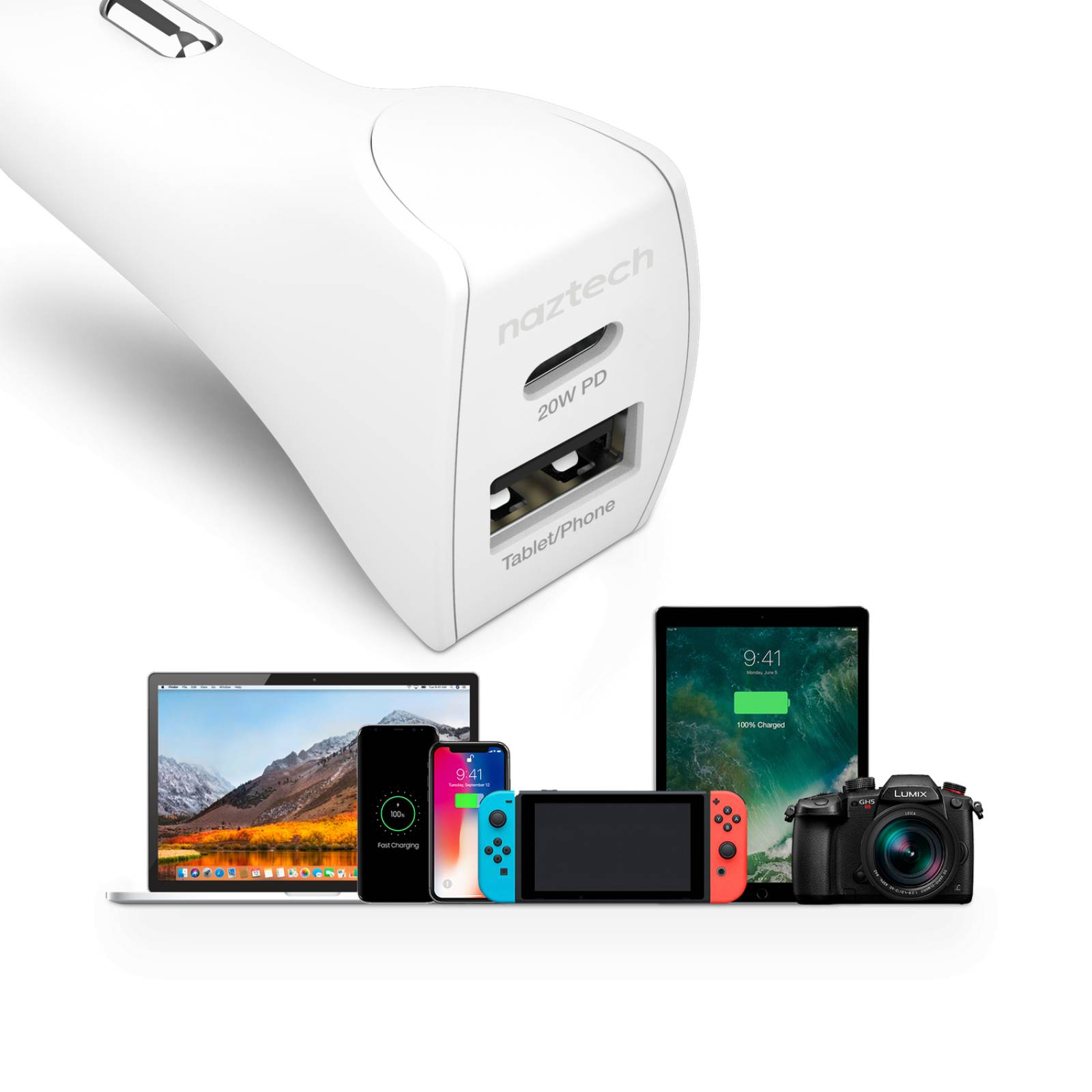 Cargador de Coche Rápido con USB-C a Cable Lightning 20W USB-C PD + 12W USB - Blanco 