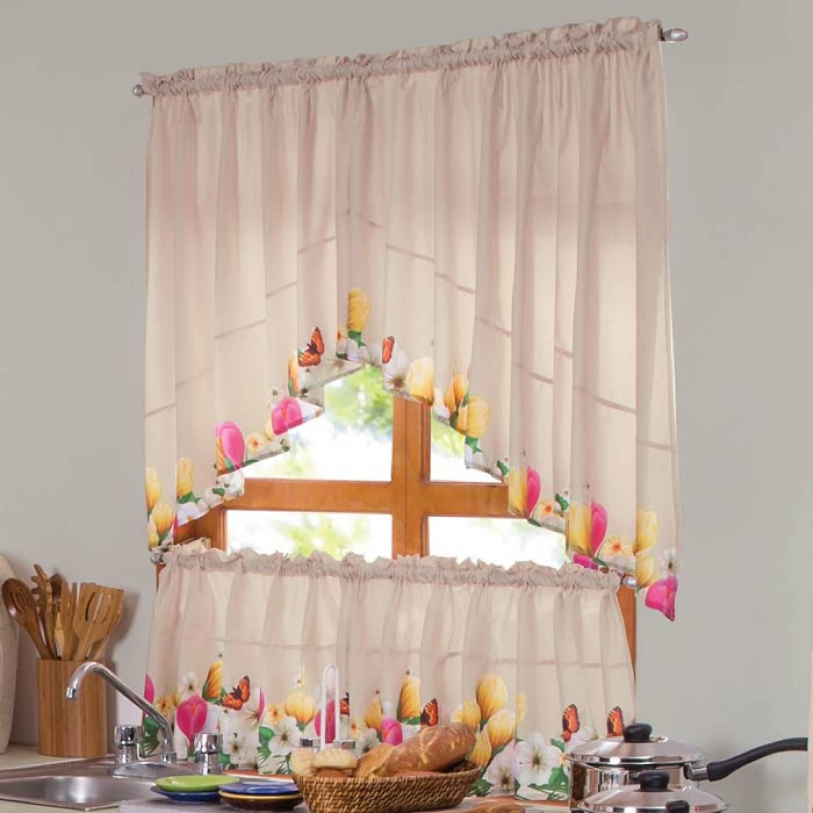 Cortina Cocina Tulipanes Estandar Microfibra Beige Concord