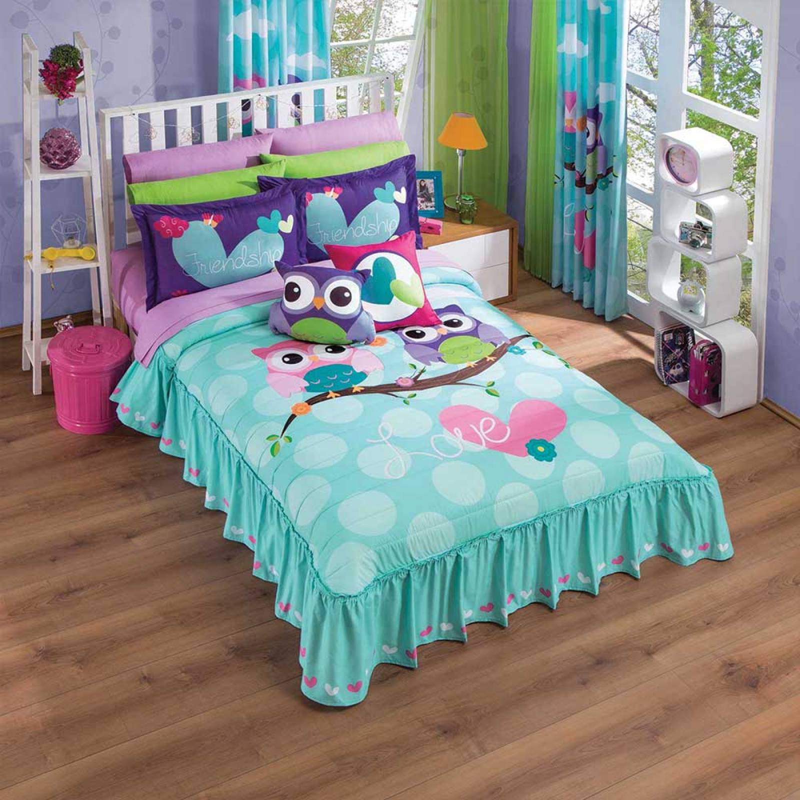 Colcha Funda Buhos Individual Microfibra Turquesa Concord