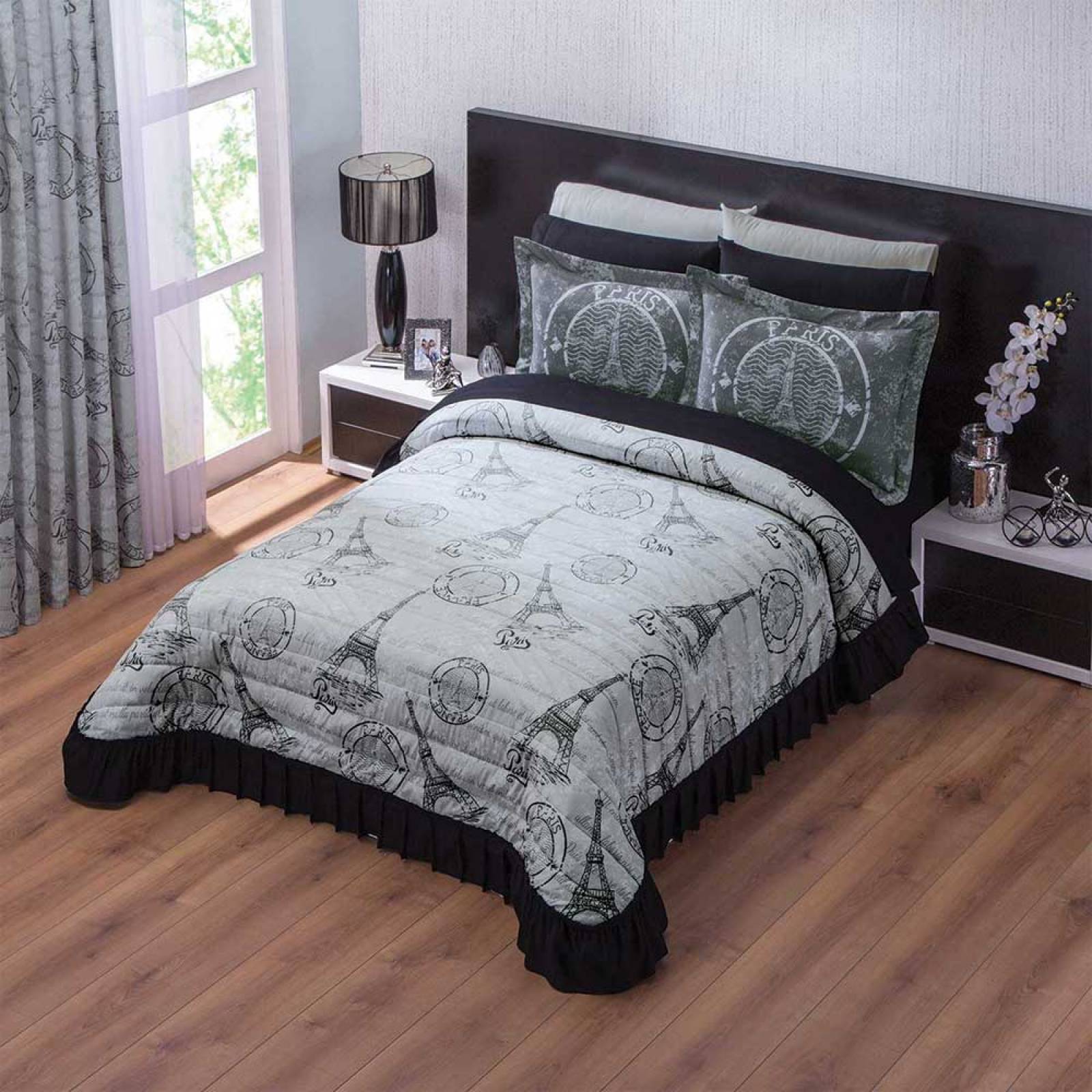 Colcha Funda Paris Cama Matrimonial Microfibra Gris Concord