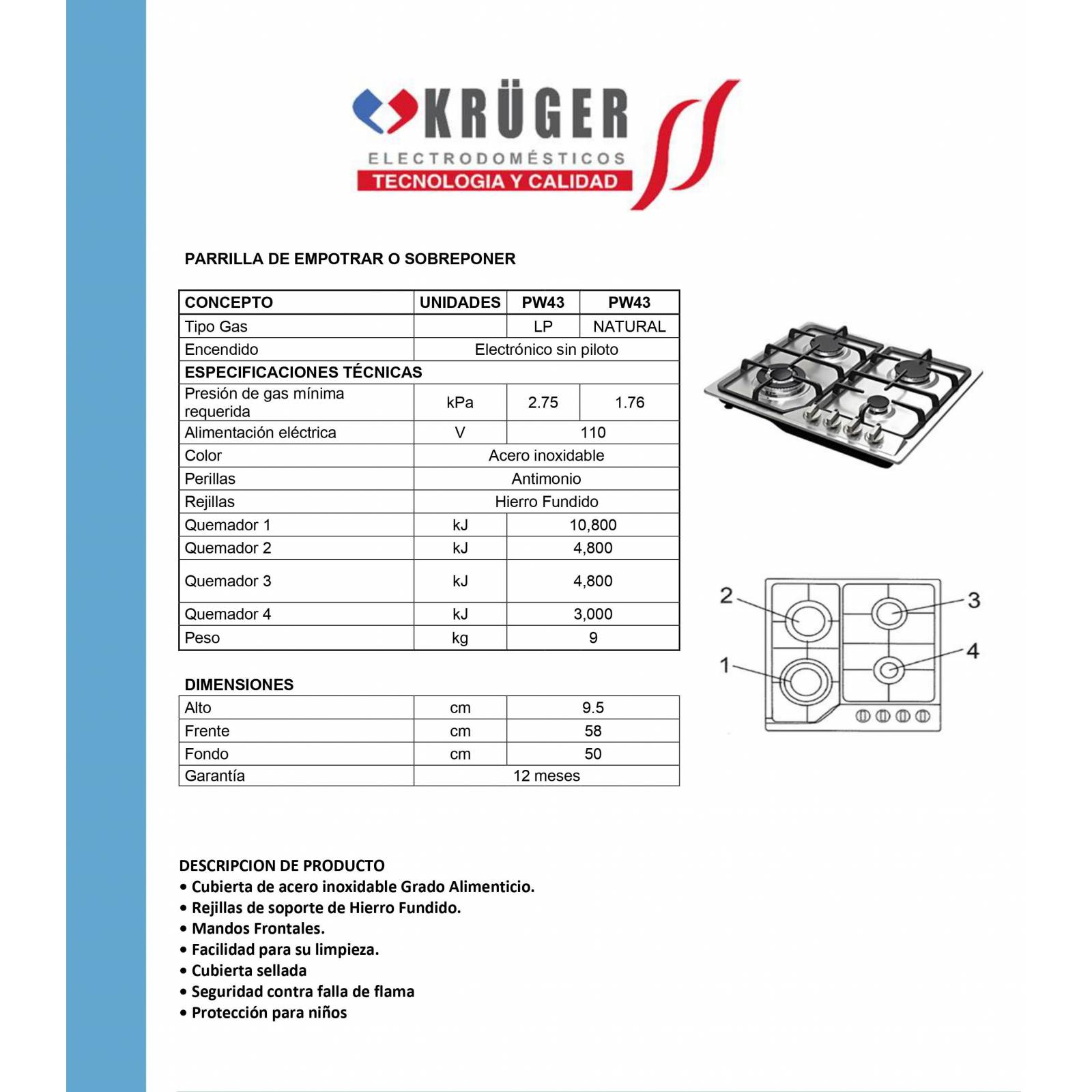 Parrila Empotrable Gas Acero Inoxidable 4 Quemadores Kruger.