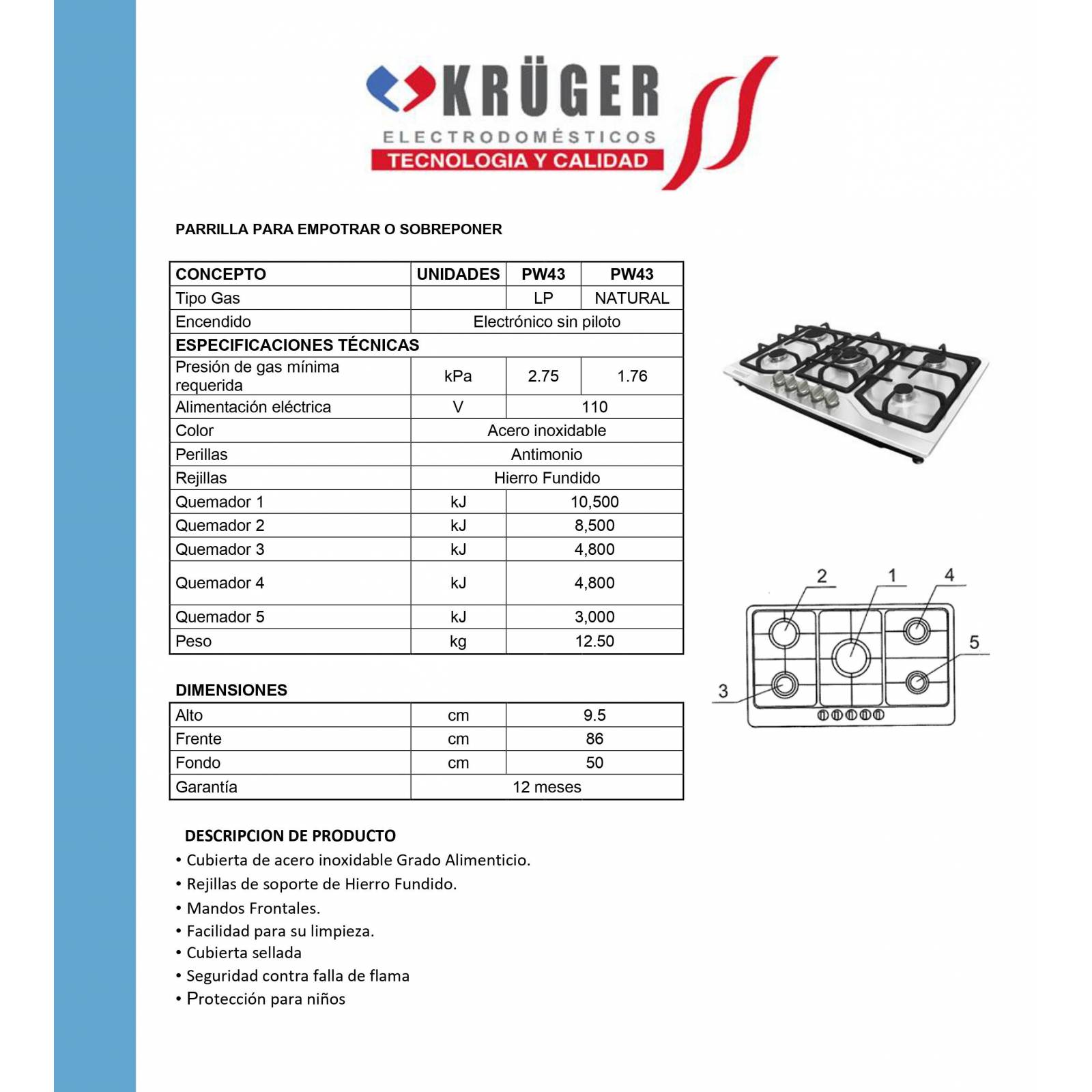 Parrilla Empotrable 5 Quemadores Gas Natural 110 V  Kruger