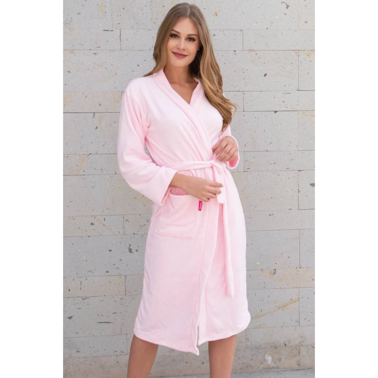 Bata Baño Mujer Microfibra Extrasuave Rosa Claro Tesso
