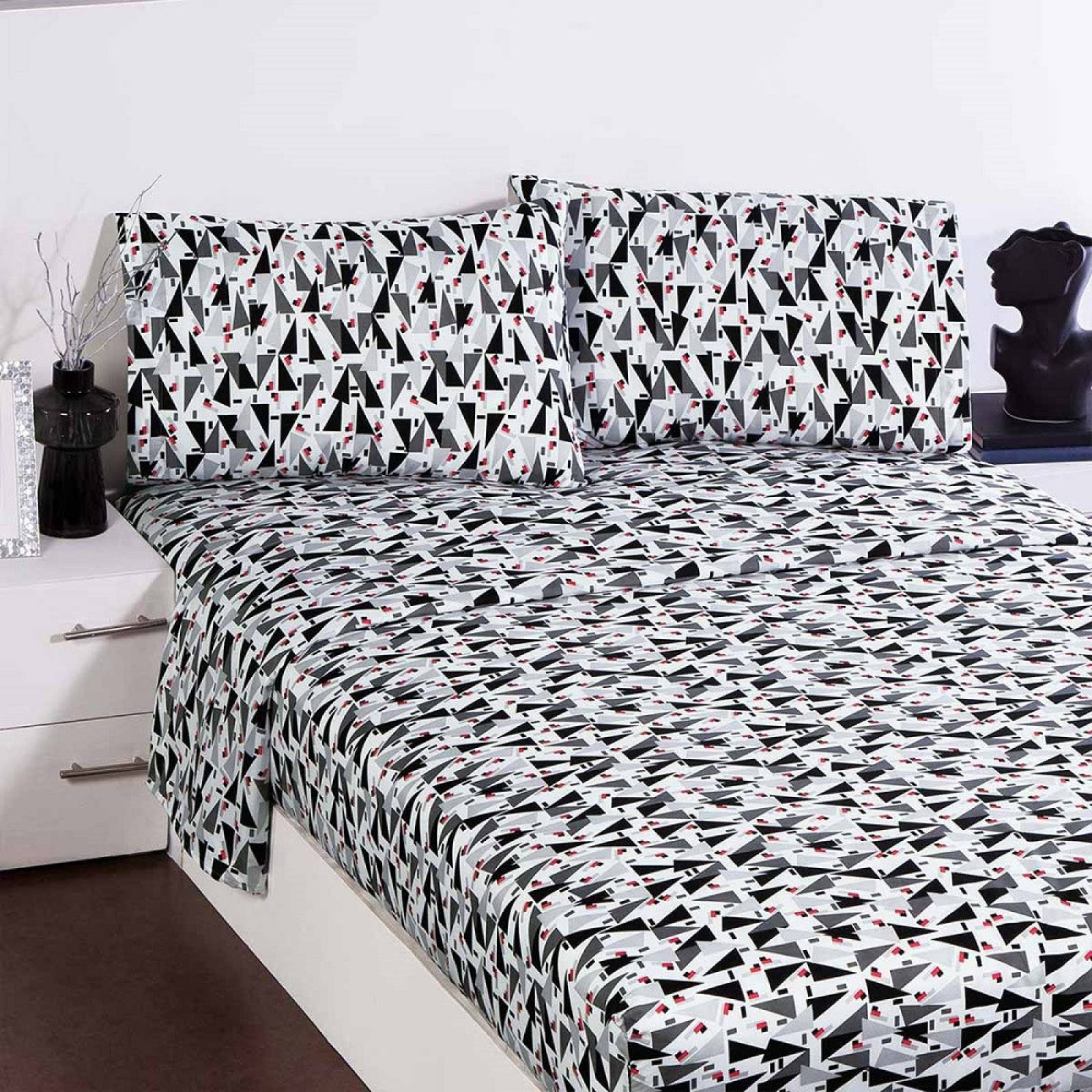Juego Sábanas Geo Negro Matrimonial Poliéster Ligero Concord