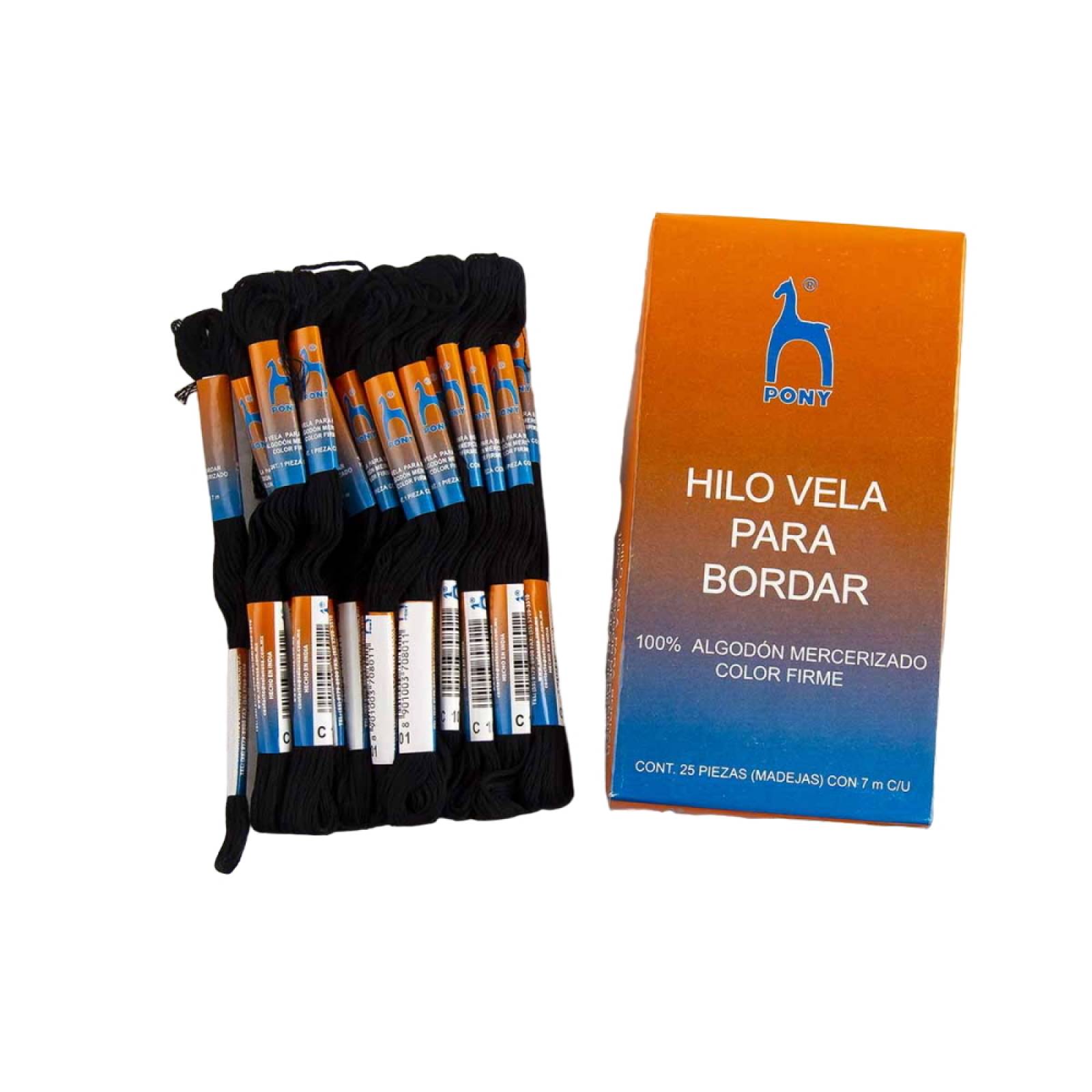 Hilo Negro Bordar Vela Algodón Mercerizado 25 Madejas 7m Pony