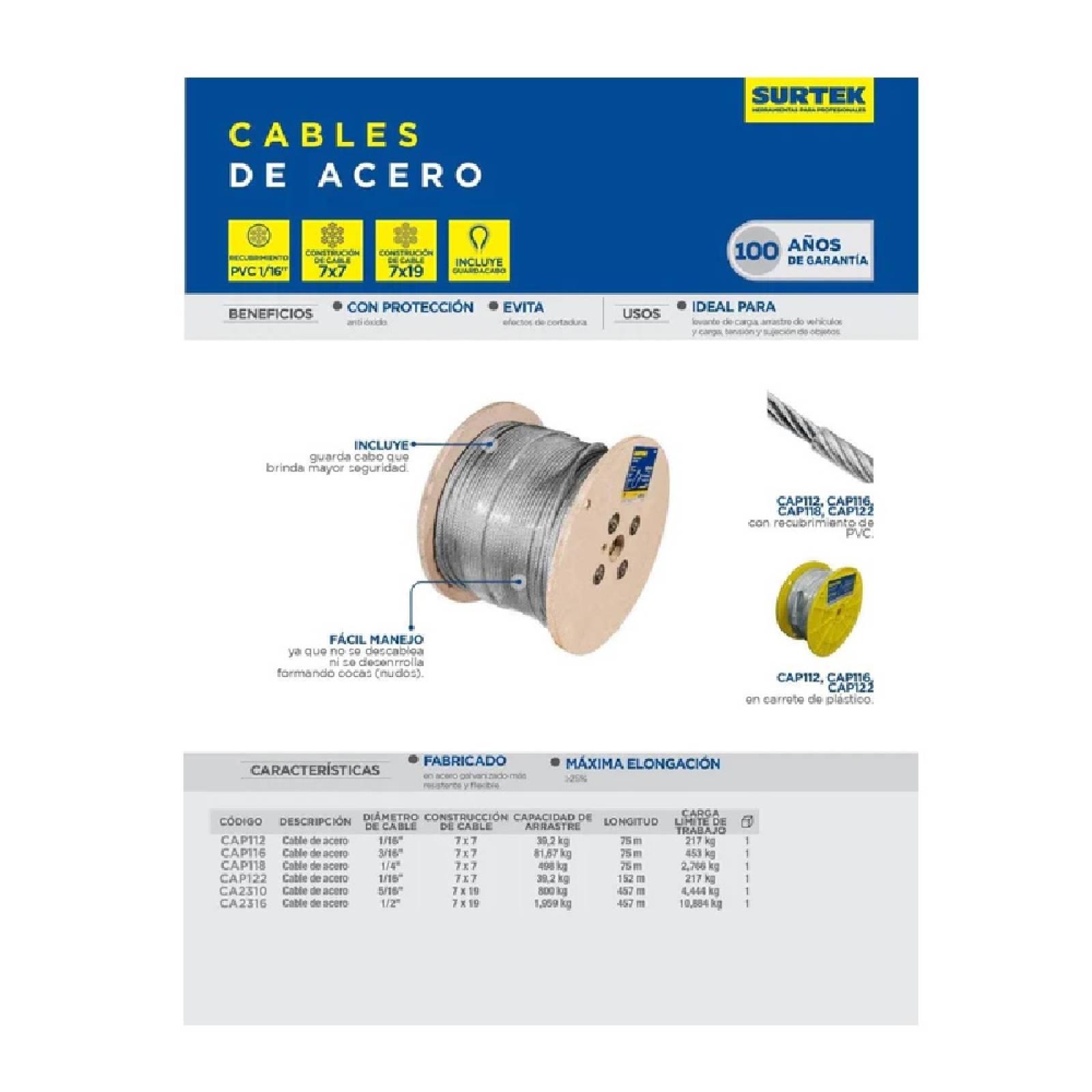 Cable Acero Aleado C/Acabado Galvanizado Cromado Surtek