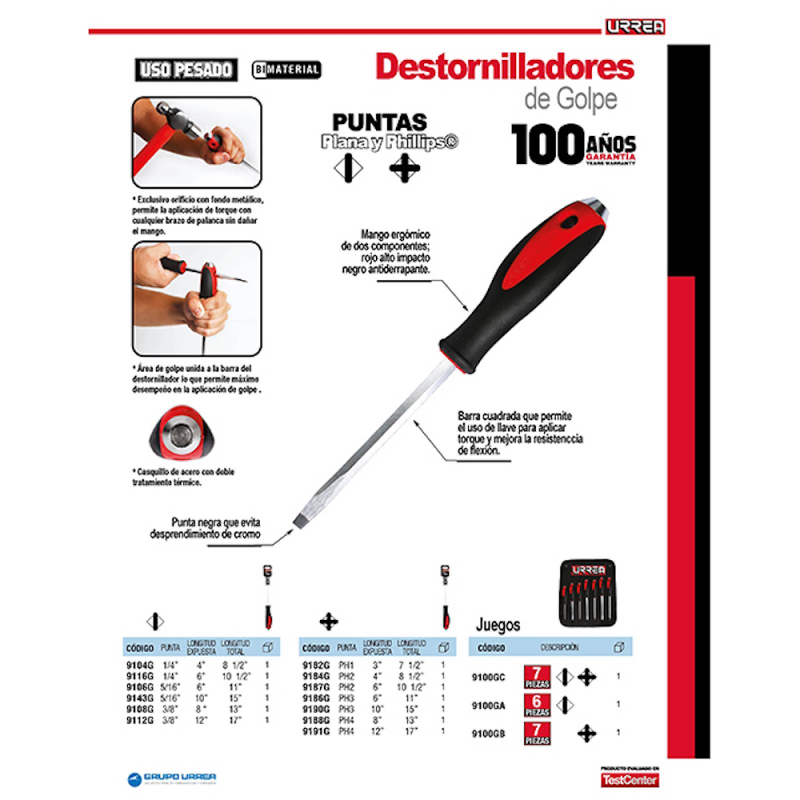 Juego 6 Destornilladores Golpe Punta Plana Acero Urrea
