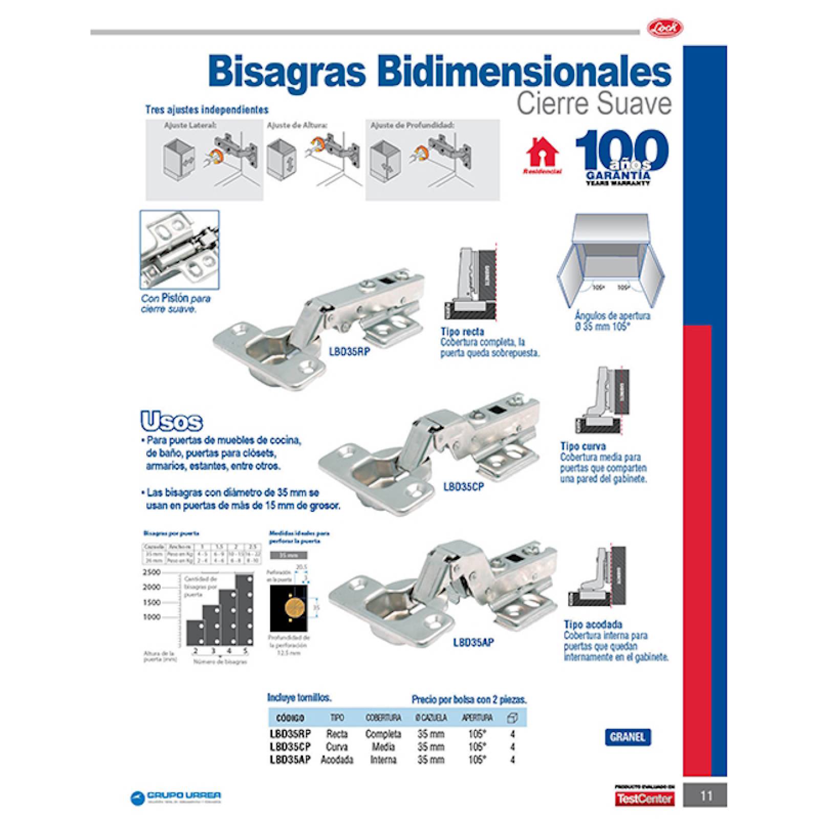 Bisagra Bidimensional Recta P/Cierre Suave Acero Lock