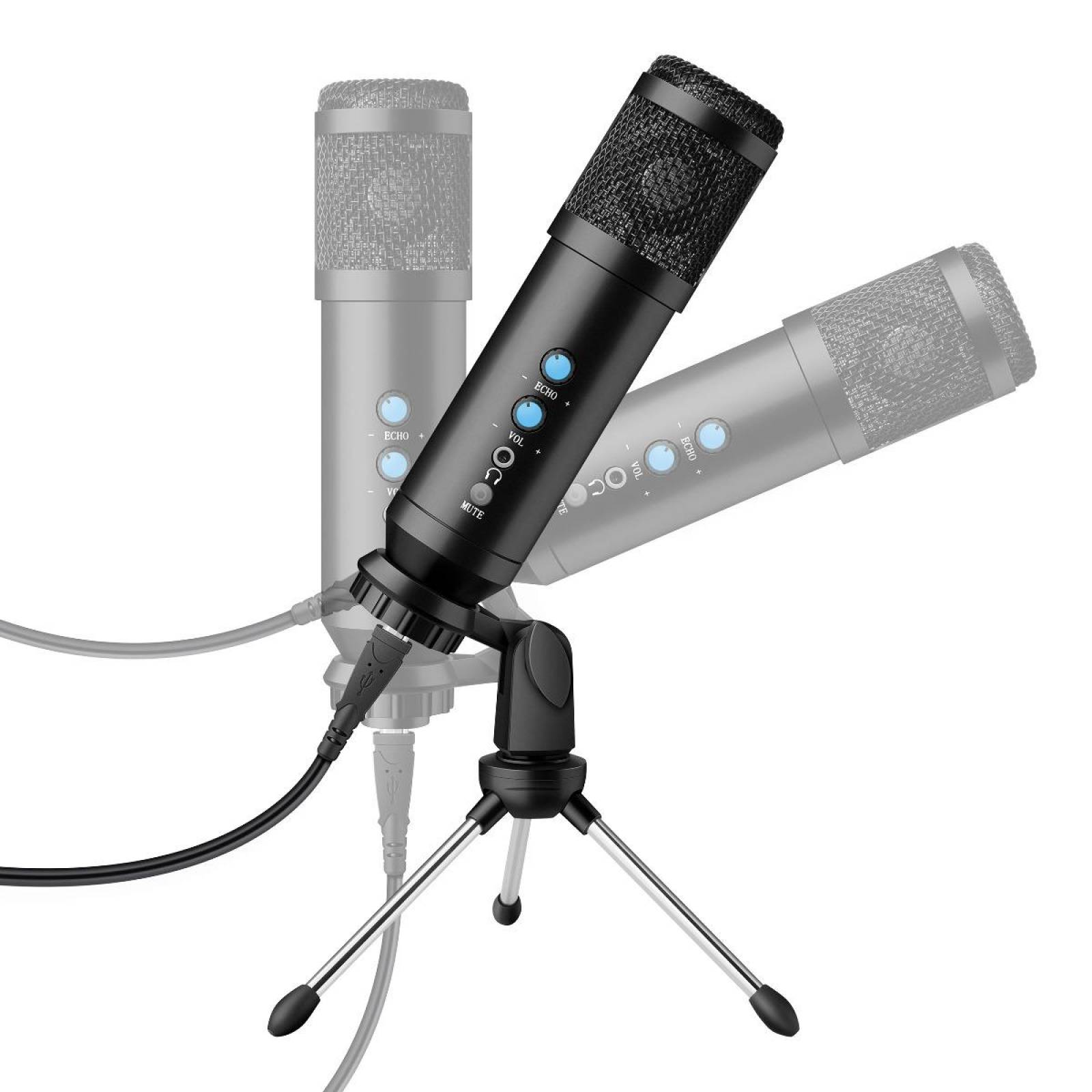 Micrófono USB profesional de condensador, con control de volumen y efecto eco 