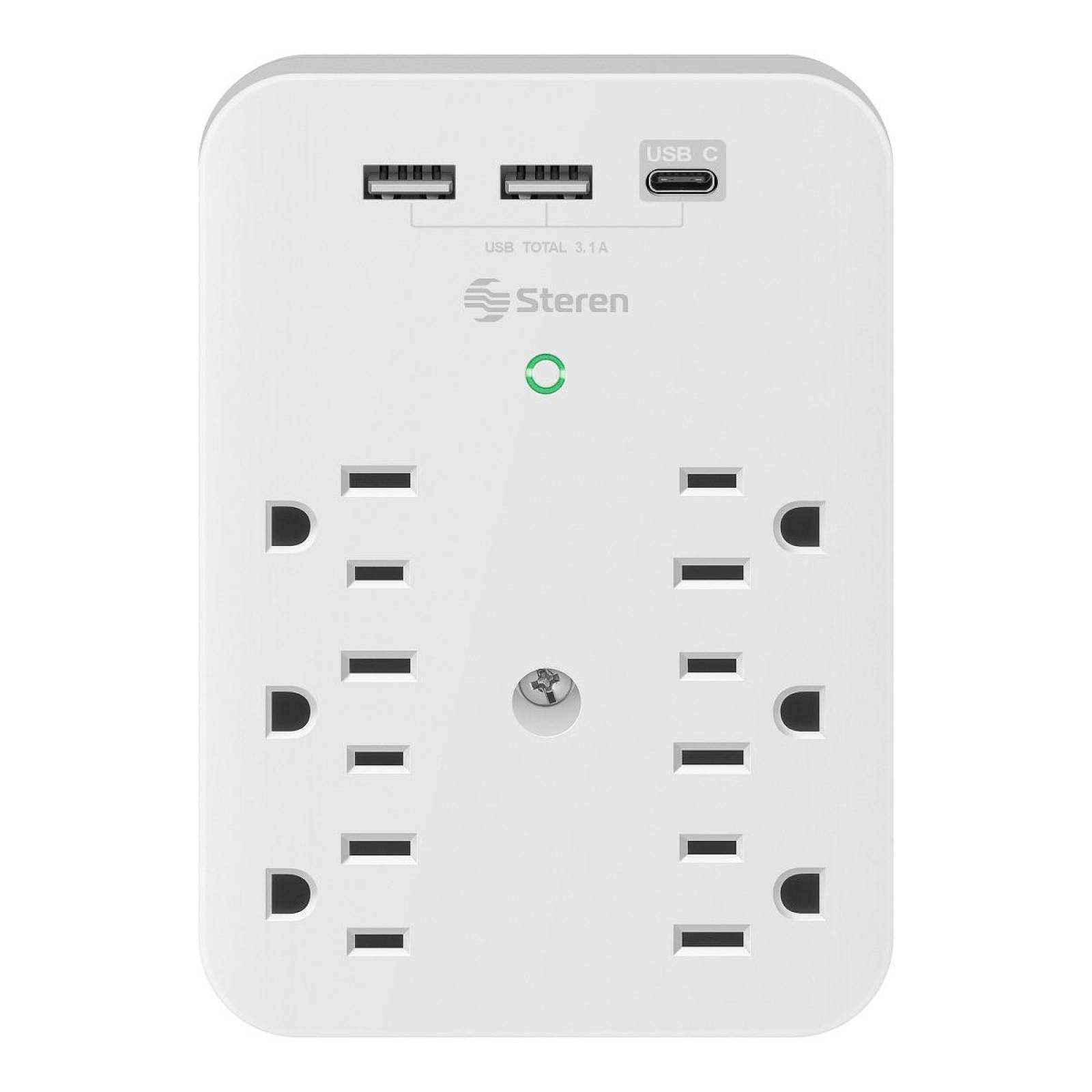 Clavija adaptadora de 6 contactos polarizados y triple cargador USB 