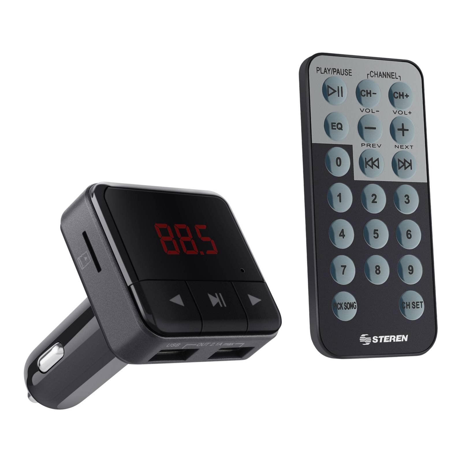 Transmisor de audio FM con cargador USB y reproductor MP3