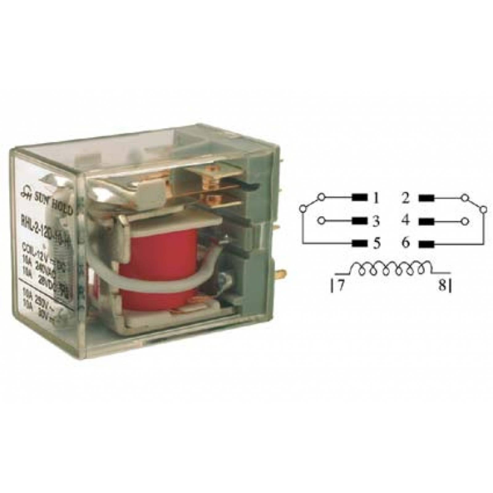 Relevador de poder de 2 polos, 2 tiros (DPDT) y bobina de 12 Vcc