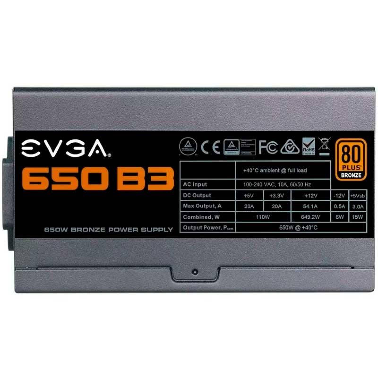 Fuente de Poder PC 650W Gamer EVGA 80 Plus Bronze 220-B3-0650-V1