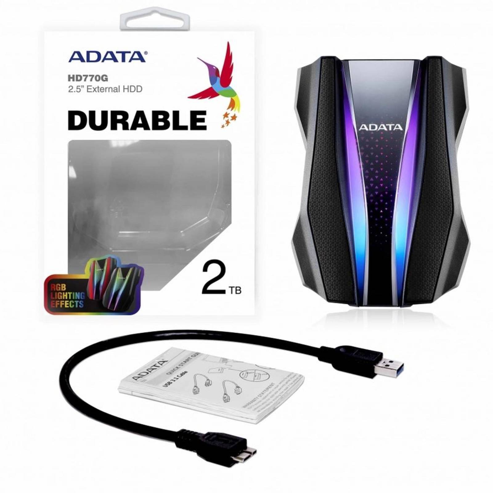 Disco Duro Externo 2TB ADATA HD770G USB 3.2 RGB Uso Rudo Portatil Xbox One PS4 PC AHD770G-2TU32G1-CBK 