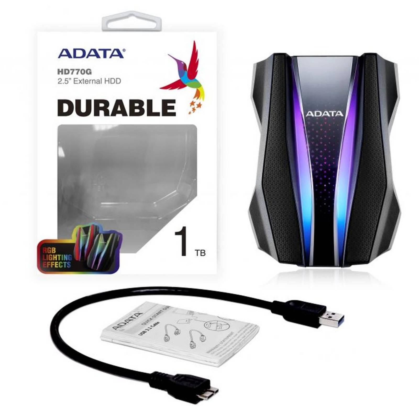 Disco Duro Externo 1TB ADATA HD770G USB 3.2 RGB Uso Rudo Portatil Xbox One PS4 PC AHD770G-1TU32G1-CBK