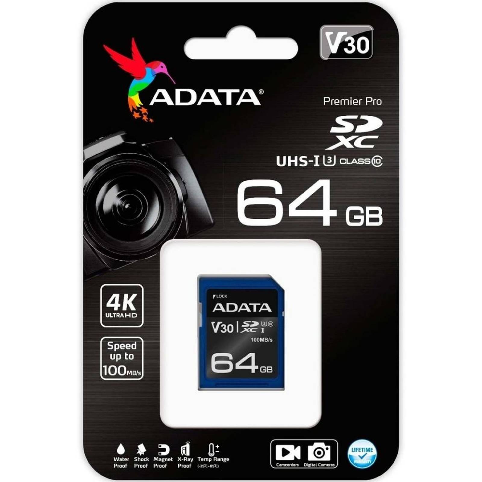 Memoria SD 64GB ADATA Clase 10 Video V30 Full HD 4K Camara Digital ASDX64GUI3V30S-R 
