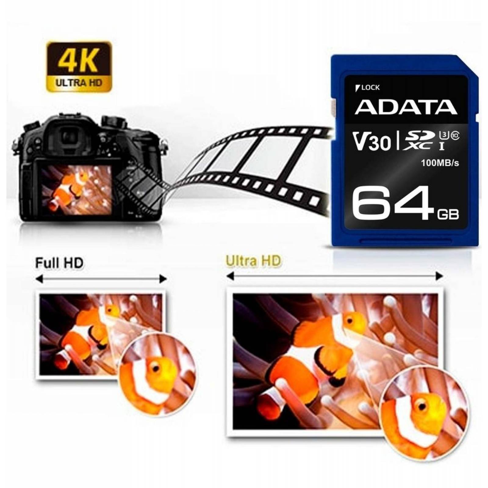 Memoria SD 64GB ADATA Clase 10 Video V30 Full HD 4K Camara Digital ASDX64GUI3V30S-R 