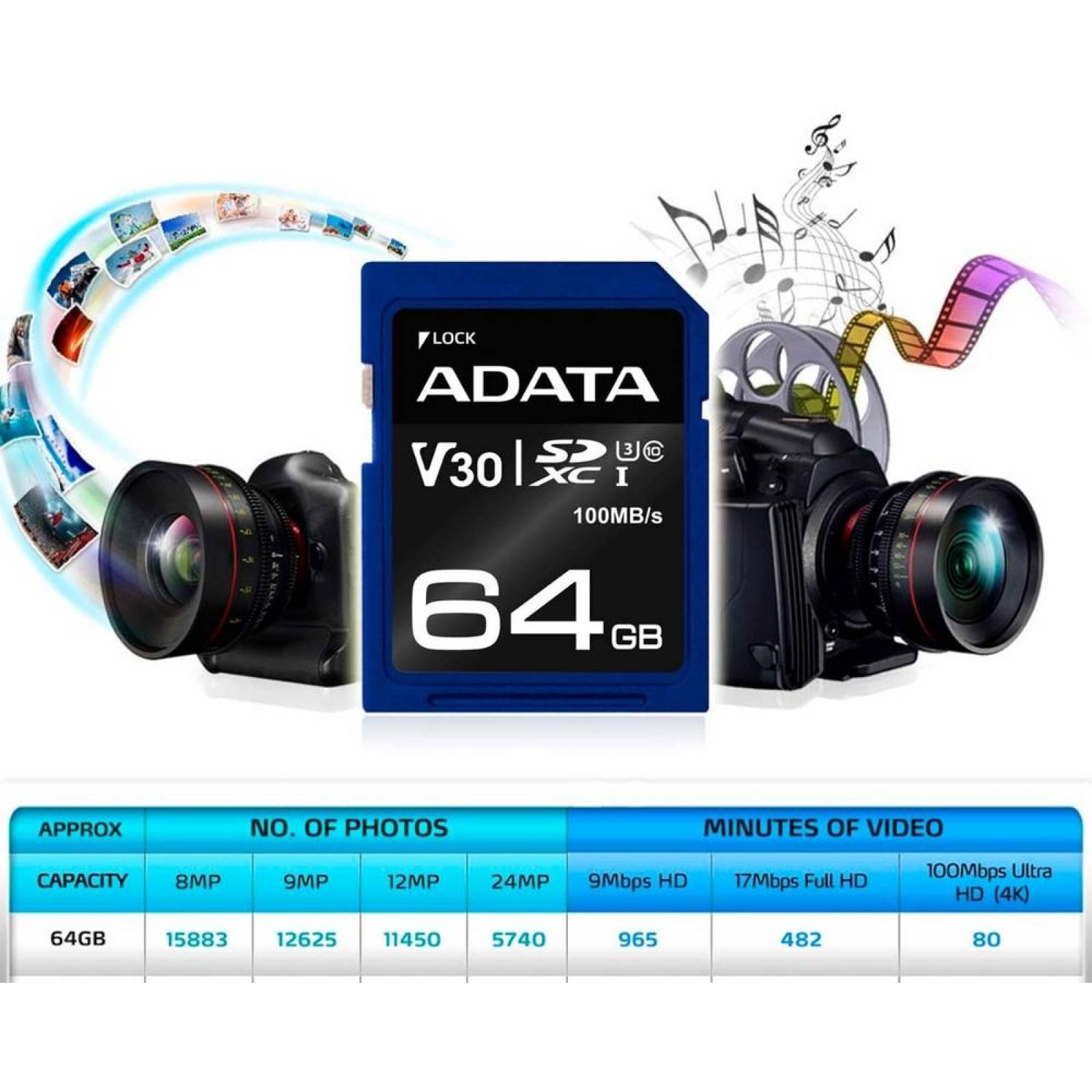 Memoria SD 64GB ADATA Clase 10 Video V30 Full HD 4K Camara Digital ASDX64GUI3V30S-R 